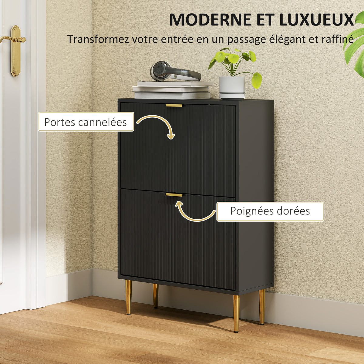 Meuble à chaussures 12 paires avec 2 tiroirs rabattables, portes cannelées et étagères réglables, 60x24x91,5cm, noir-3