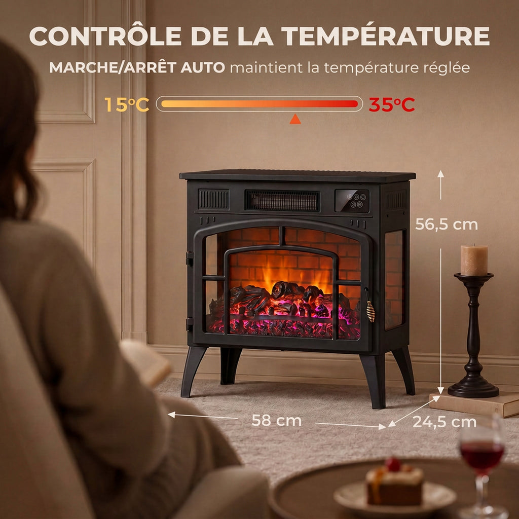 Cheminée Électrique Effet Flamme 3D Multicolore 1000W/2000W, Thermostat Réglable, Contrôle par Appli et Voix, Noir-2