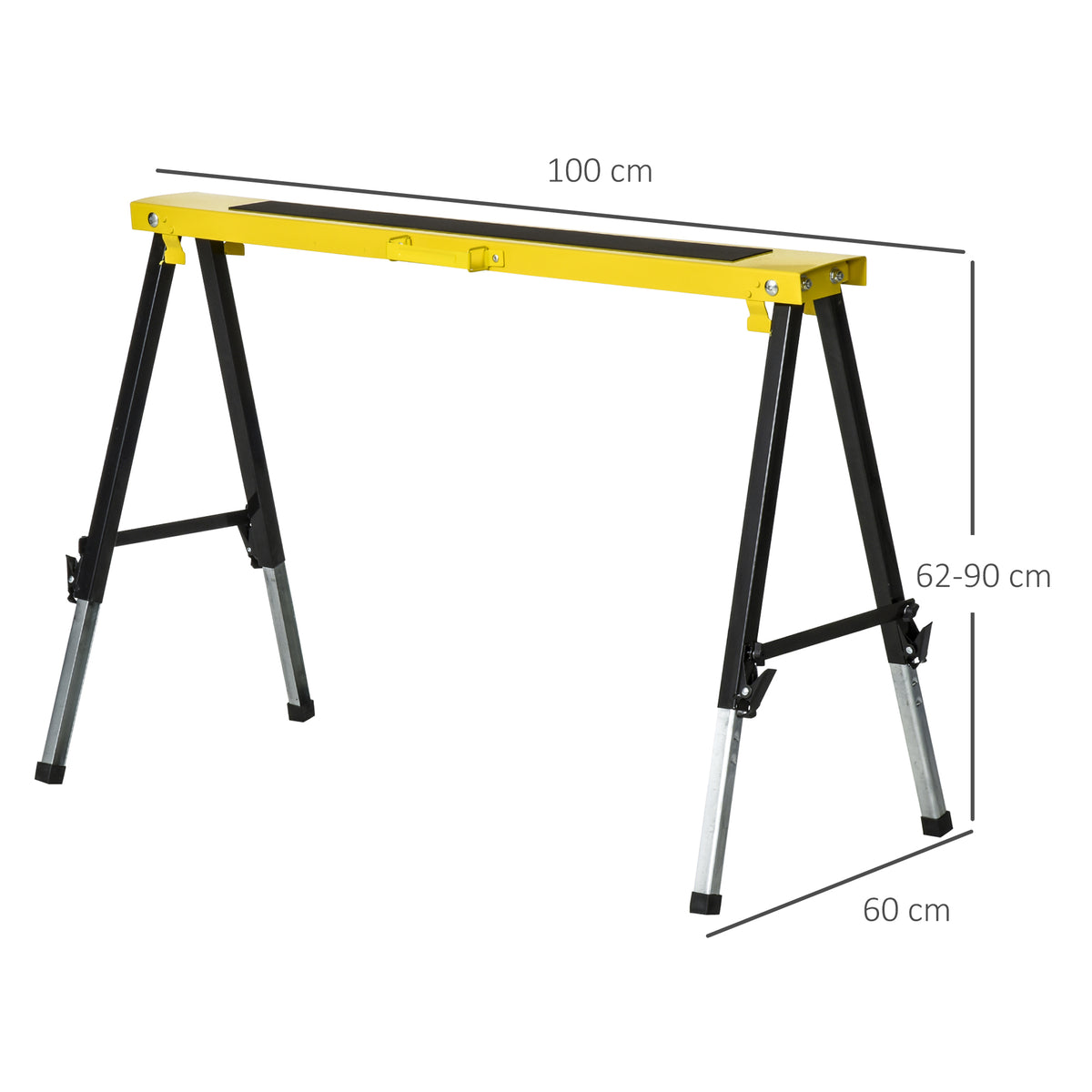 Lot de 2 Tréteaux Pliables Télescopiques Réglables en Hauteur, Poignée de Transport, Dim. 100L x 60l x 62-90H cm, Surface Antidérapante, Métal, Noir et Jaune-2