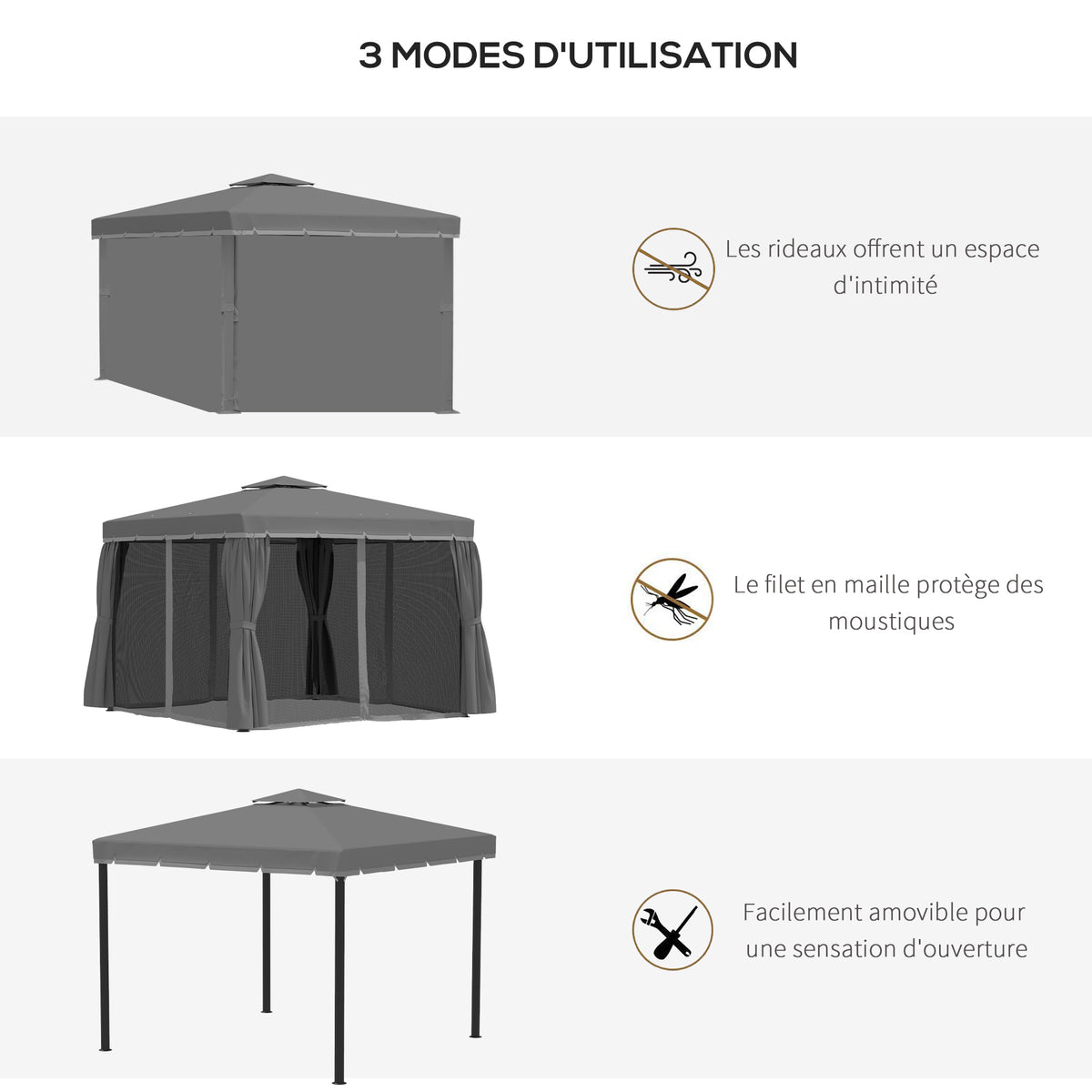 Tonnelle de jardin extérieur 3 x 3 m, barnum avec toit double, rideaux et moustiquaire, cadre en aluminium, gris foncé-5