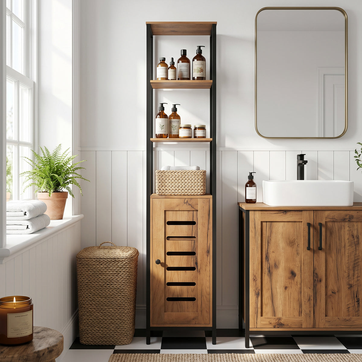 Meuble colonne de salle de bain industriel 3 étagères ouvertes porte à lamelles étagères réglables marron rustique-1