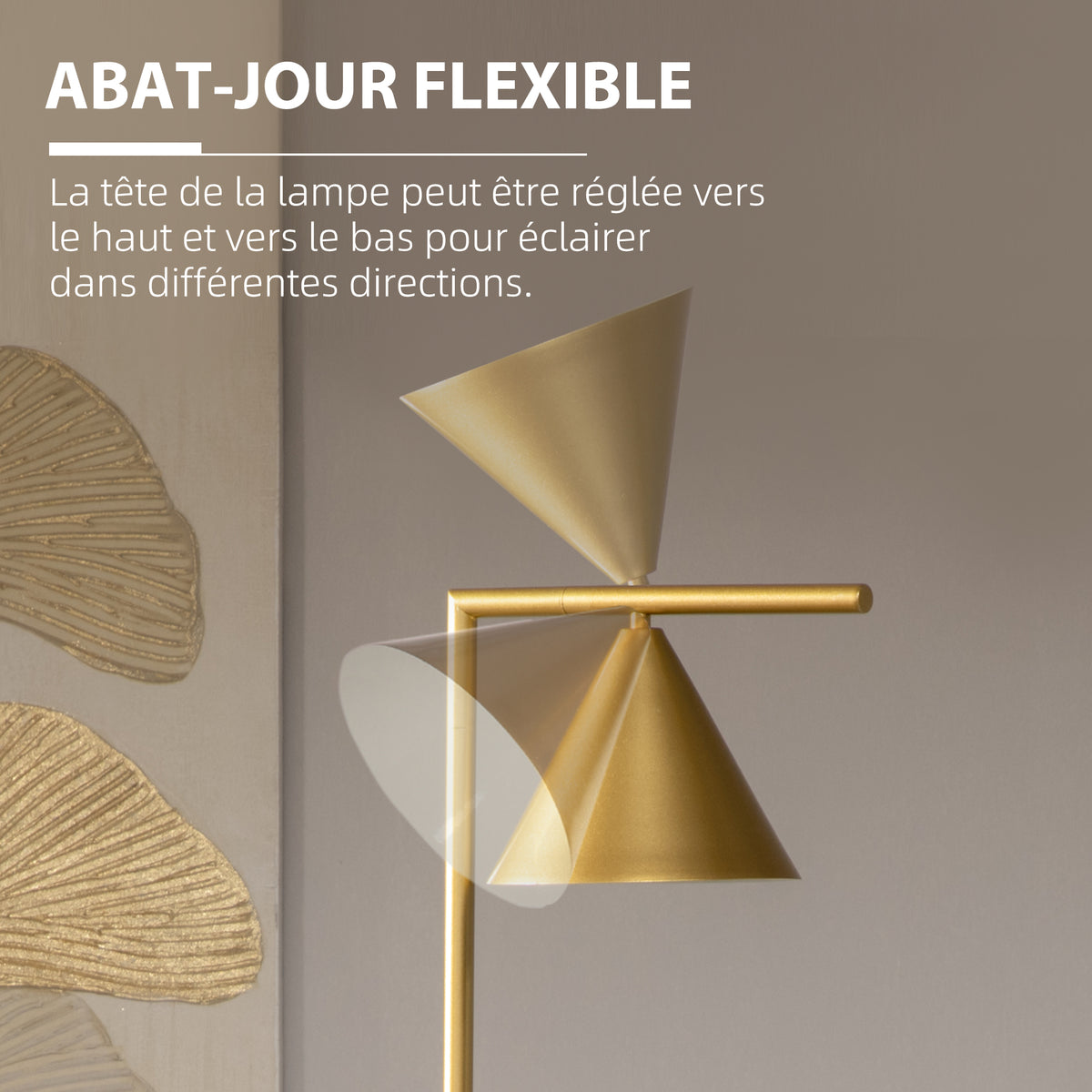 Lampadaire sur pied salon en acier avec abat-jour conique orientable base marbre 40W 35 x 26 x 153 cm doré-4