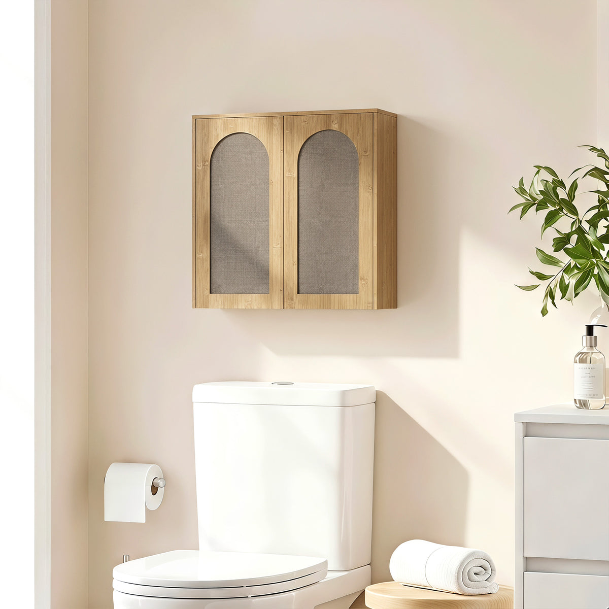 Armoire murale de salle de bain bohème avec 2 portes effet rotin à fermeture douce et étagère réglable, chêne-1