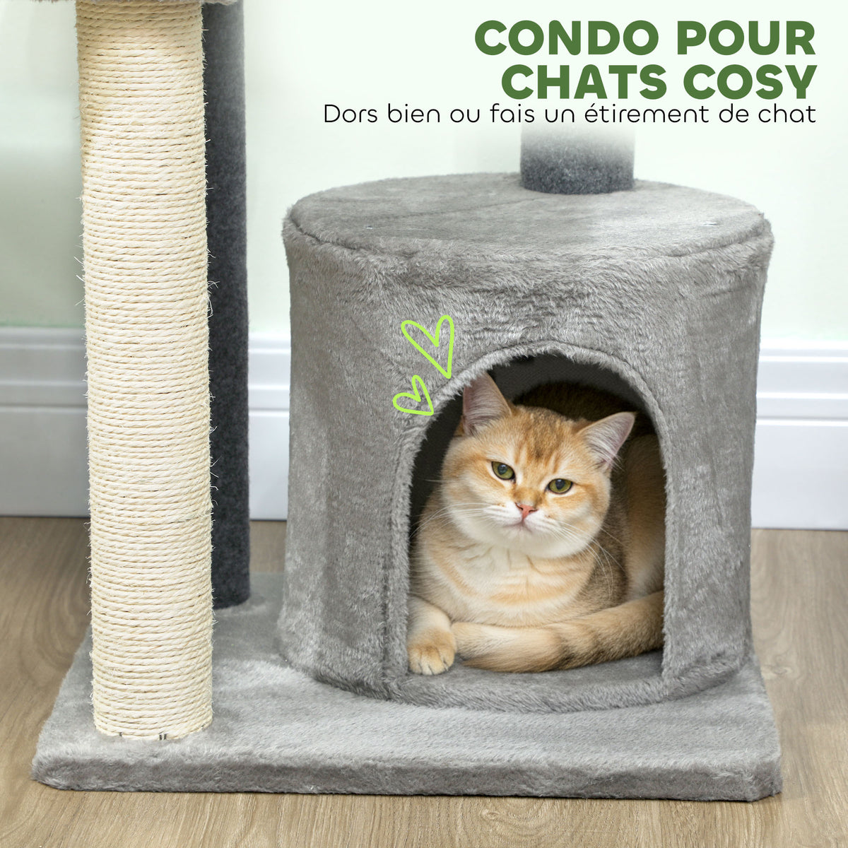 Arbre à Chat Hauteur 103 cm, Platesformes, Niche en Peluche, Balle en Peluche, Poteaux en Sisal, Base Renforcé, Gris-4