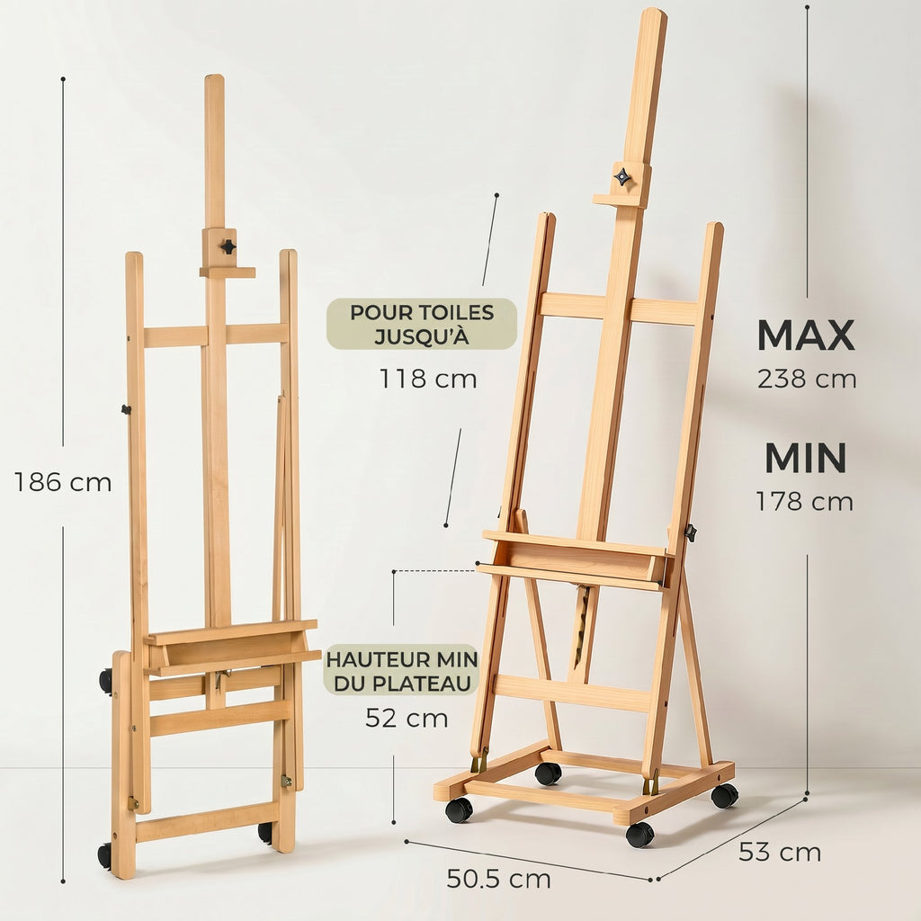Chevalet d'artiste sur roulettes pliable en bois de hêtre pour toiles à peindre jusqu'à 118 cm bois naturel-2