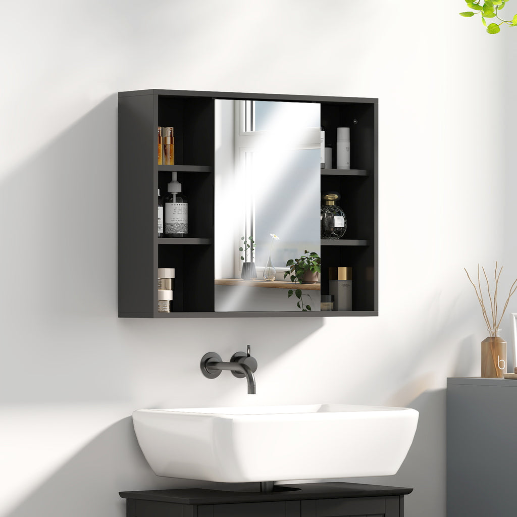 Meuble salle de bain avec miroir, placard à portes et 6 compartiments ouverts, 60 x 14,5 x 49,4 cm, noir-6