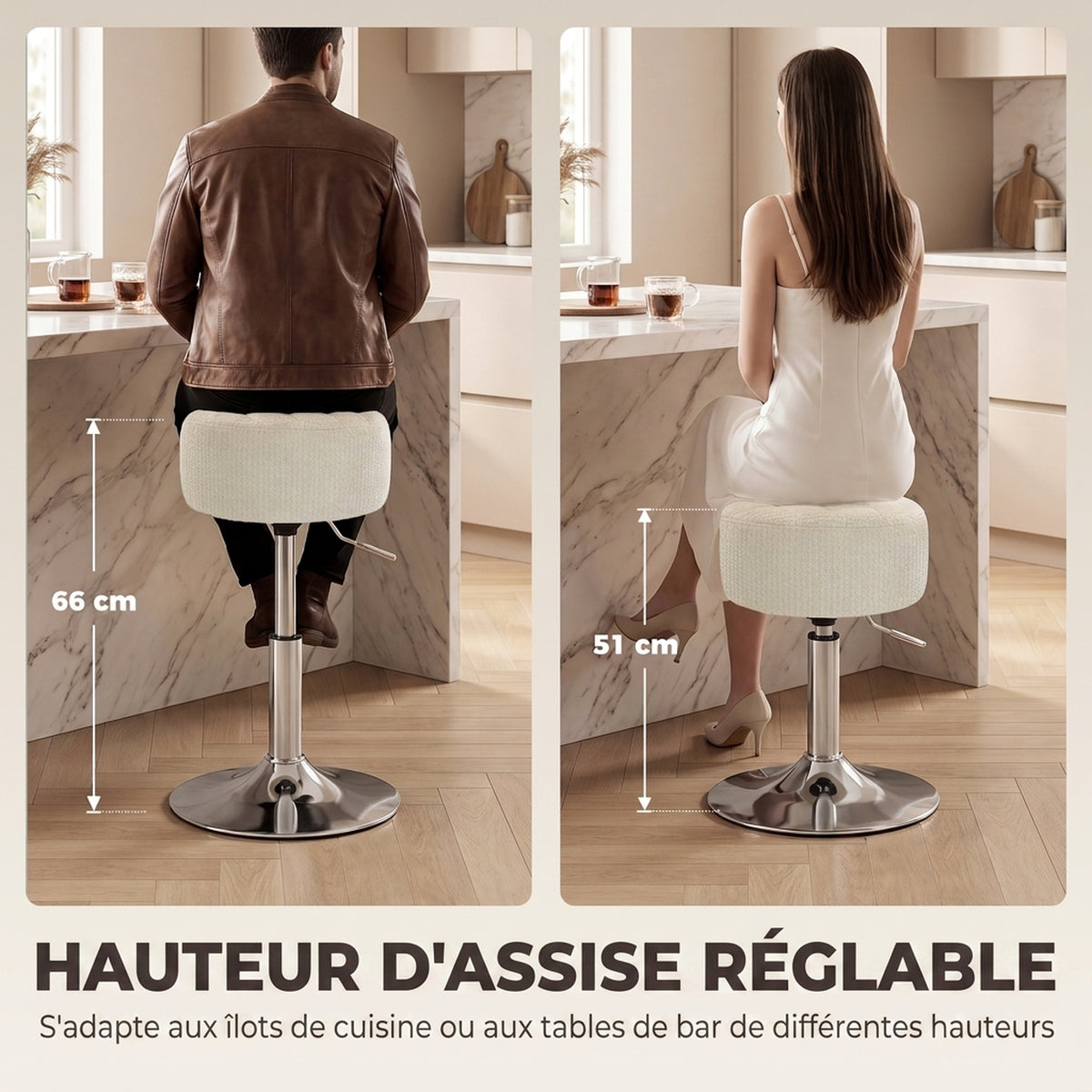 Tabouret de coiffeuse en chenille, tabouret de maquillage pivotant, tabouret de bar réglable en hauteur 51-66 cm, crème-3