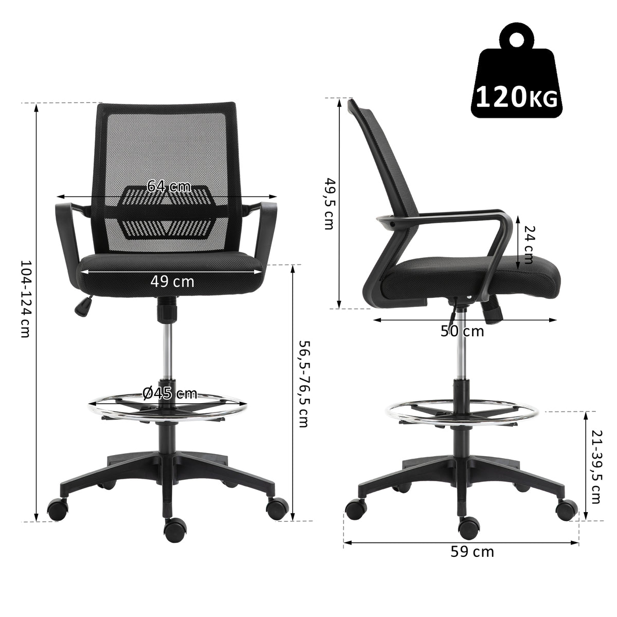 Fauteuil de bureau chaise de bureau assise haute réglable dim. 64L x 59l x 104-124H cm maille respirante noir-2