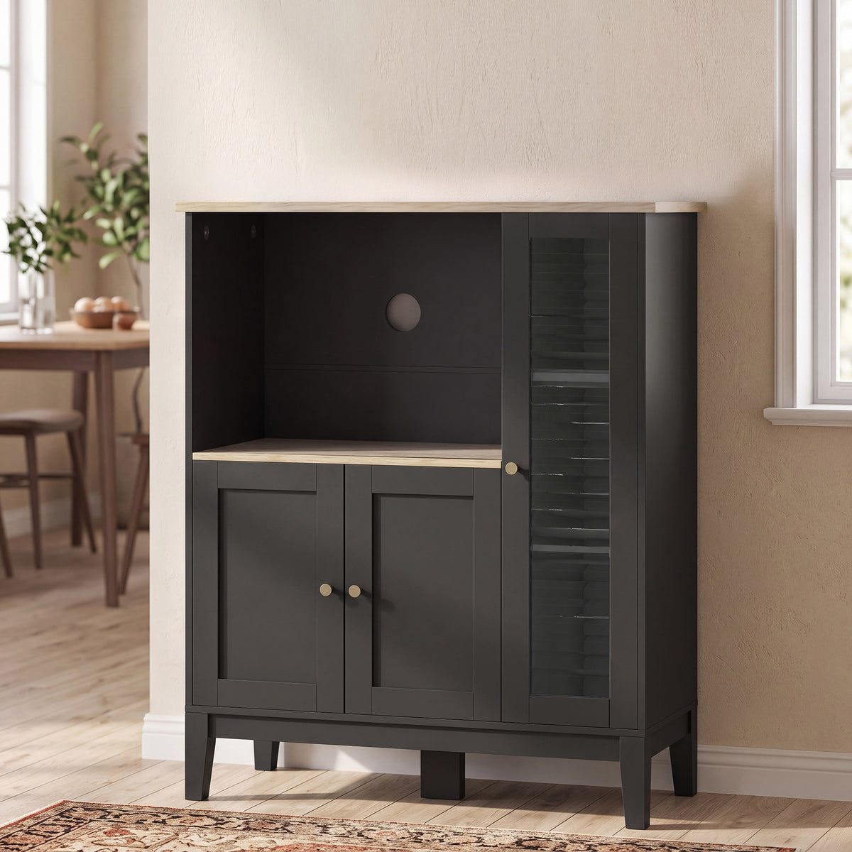 Meuble armoire micro-ondes pour cuisine avec 1 niche, 3 portes passe-câbles 80 x 35 x 97 cm noir et aspect bois-1