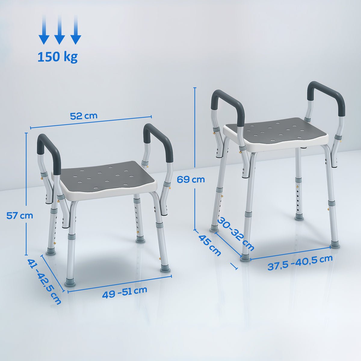 Tabouret de douche pour personnes âgées et handicapées avec accoudoirs, hauteur réglable, patins antidérapants, gris-2