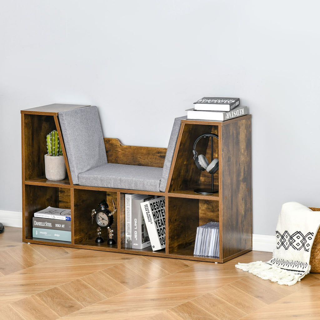 Bibliothèque banc 2 en 1 avec coussins de siège, étagère cube 6 compartiments ouverts, 102 x 30 x 61 cm, brun rustique-9