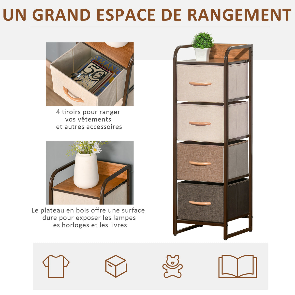 Commode chiffonnier 5 tiroirs meuble de rangement tiroir en tissu pliant - structure acier noir - 45 x 30 x 116 cm-4