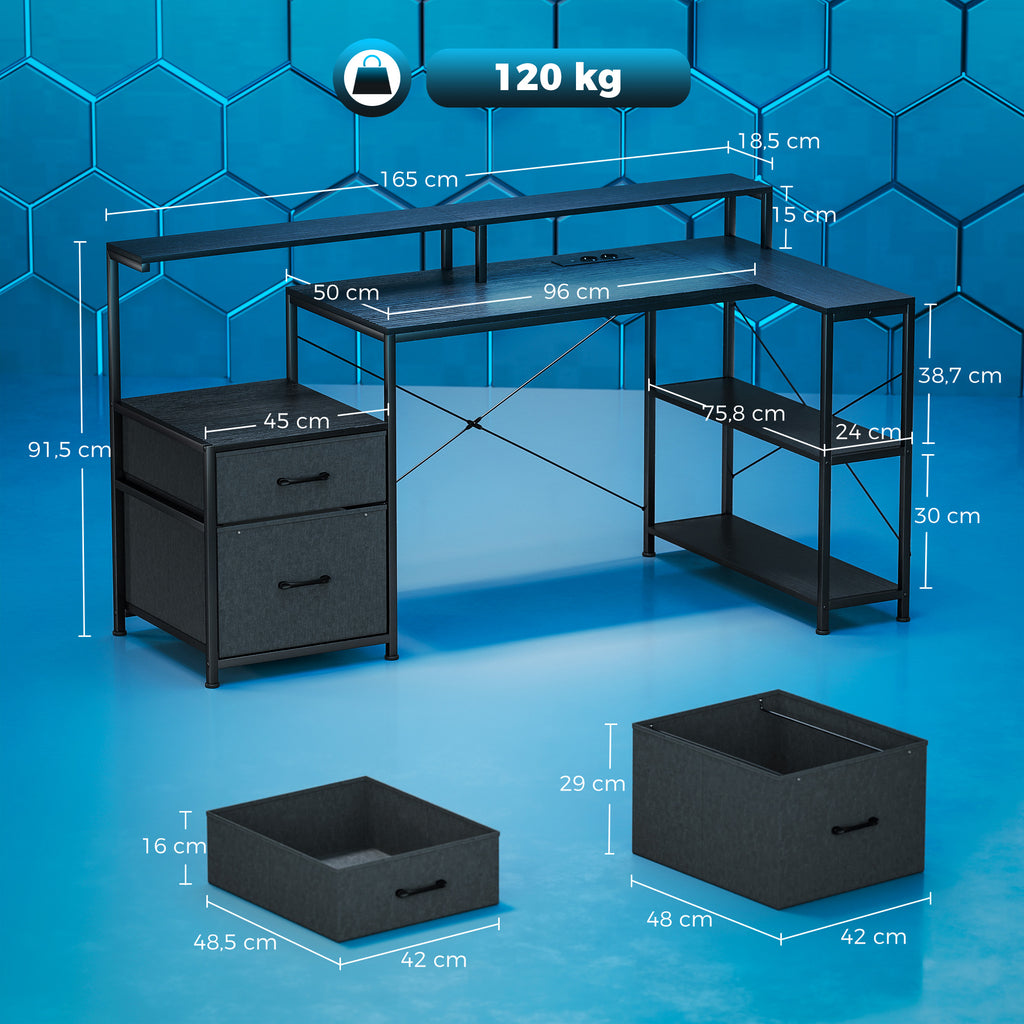 Bureau Gaming d'Angle 165 x 80 cm, Éclairage LED et Station de Charge, Support pour 2 Écrans et 2 Tiroirs en Tissu, Noir-2