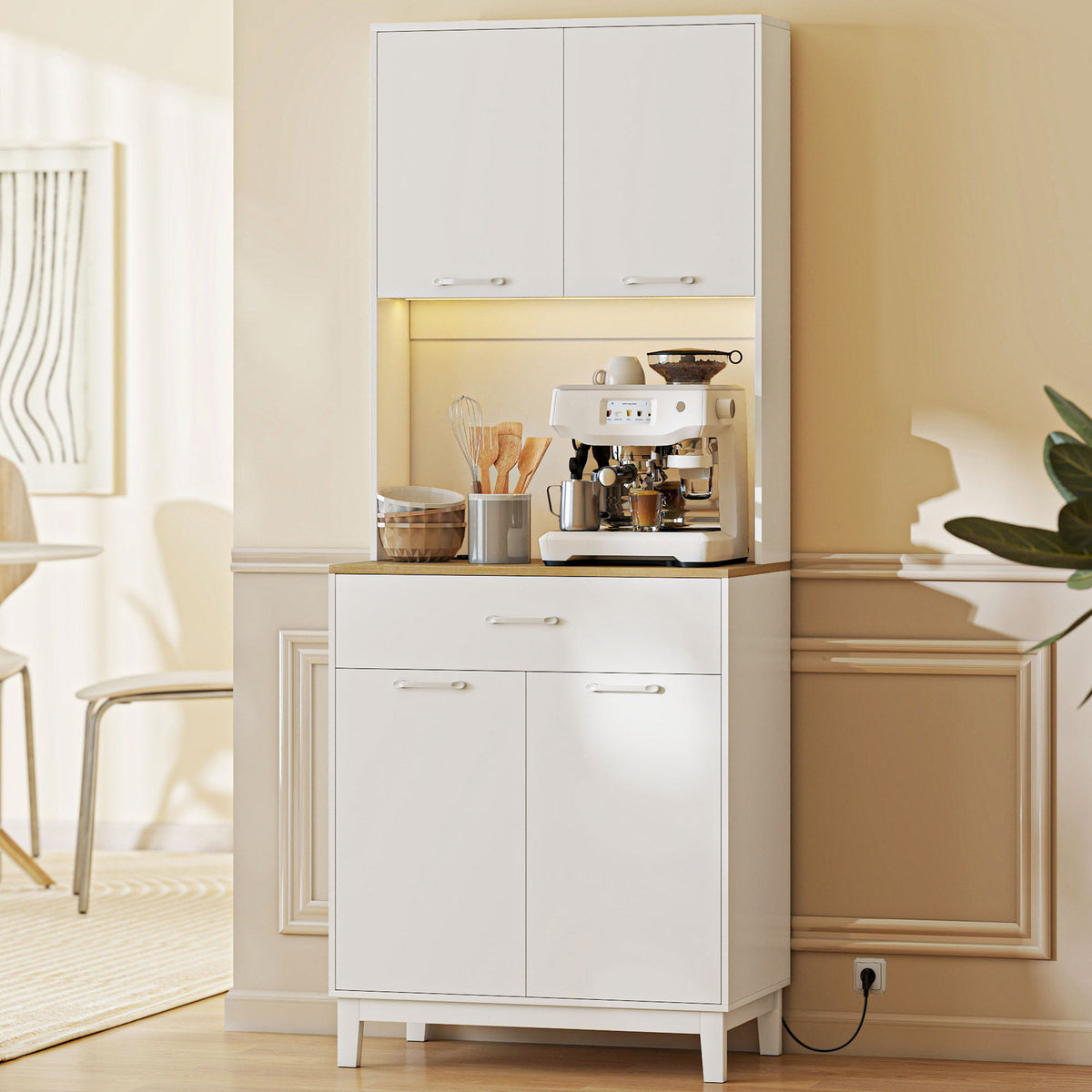 Buffet haut cuisine avec LED et station de charge, armoire de cuisine avec 4 portes, tiroir et plan de travail, blanc-1