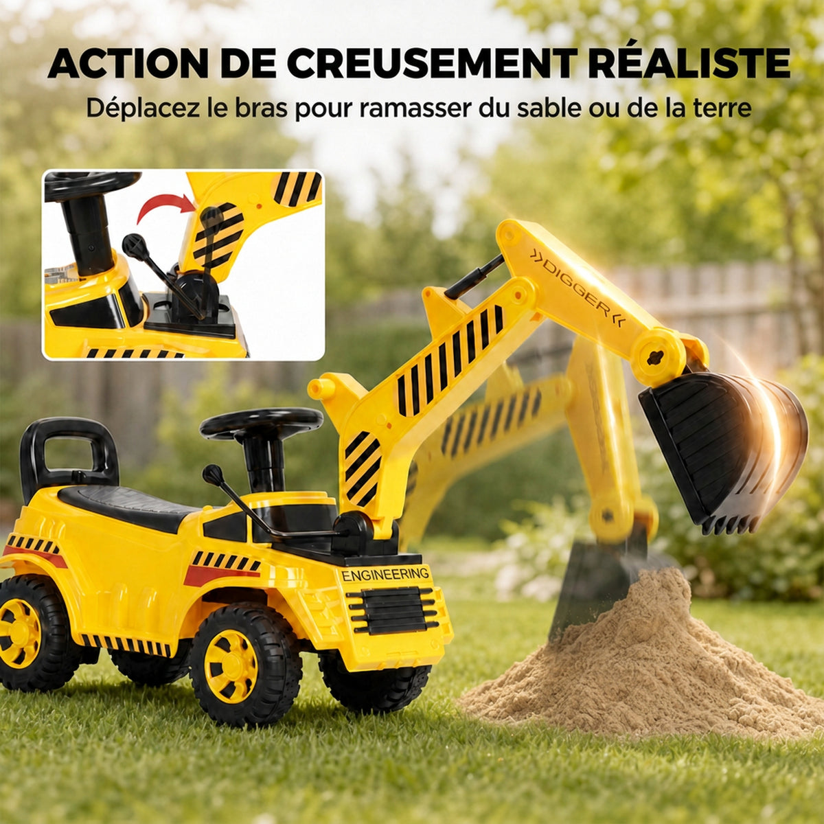 Tractopelle Enfant, Porteur Pelleteuse avec Casque de Sécurité, Klaxon et Bras d'Excavation Amovible, 1 à 4 Ans, Jaune-3