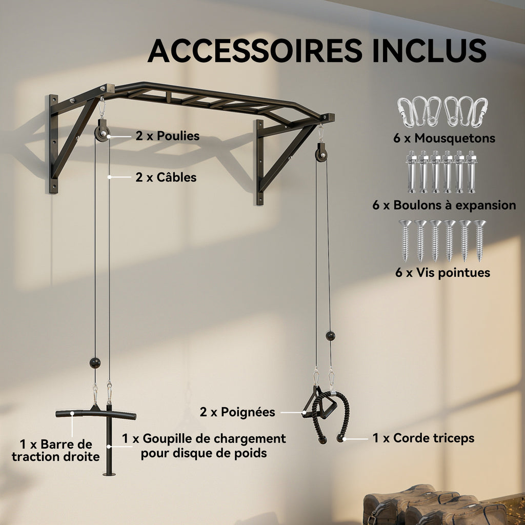 Barre de traction murale barre de fitness multi-prise système de poulie à câble charge 200kg, acier 126x60x45,5cm, noir-6