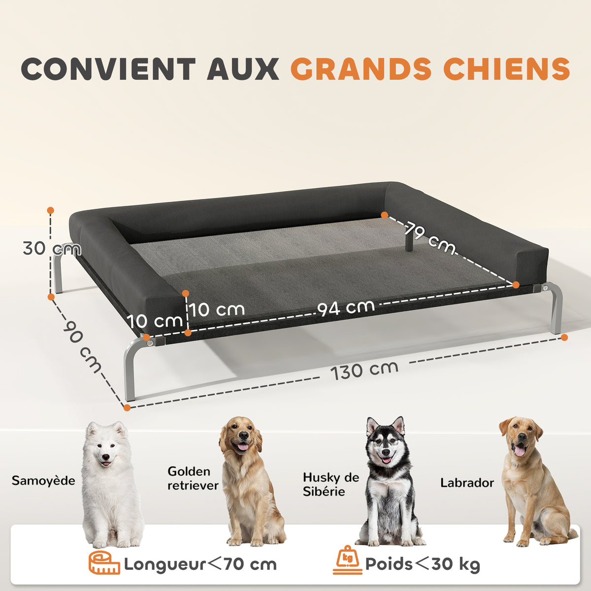 Lit surélevé pour chien rafraichissant, lit de camp pour chiens intérieur extérieur portable, 130 x 90 x 30 cm, noir-2