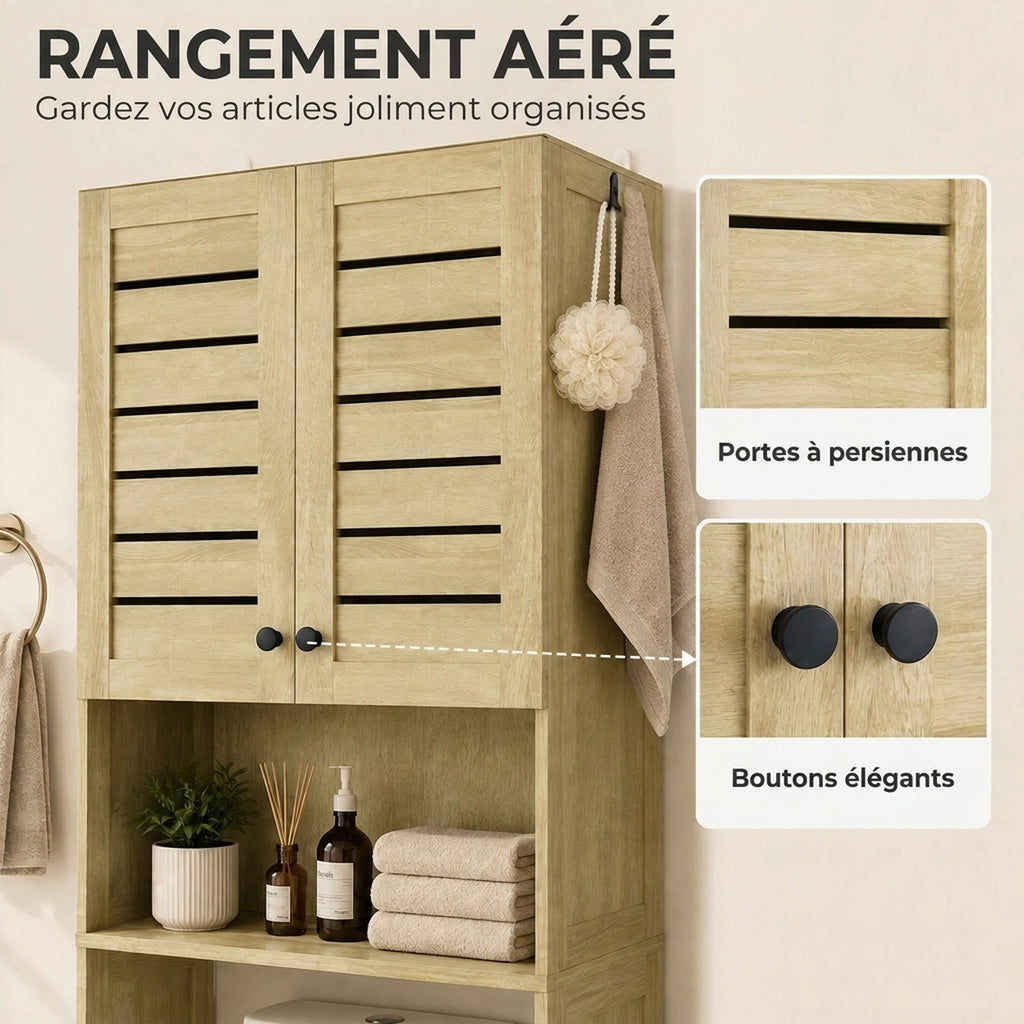 Meuble WC dessus de toilette/machine à laver avec placard à porte double, portes à persiennes, 67x31,5x190cm, chêne-6