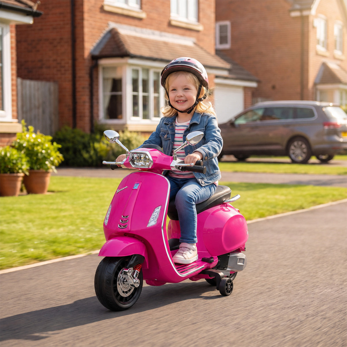 Scooter électrique enfant Vespa 6 V dim. 107L x 47l x 73H cm Musique MP3 Port USB Phare 2 roues d'entraînement - Rose-8