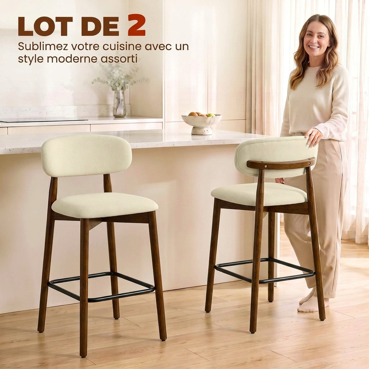 Lot de 2 Tabourets de Bar, Chaises de Bar en Chenille, Assise Rembourrée, Dossier et Repose-Pieds, Pieds en Bois, Beige-3
