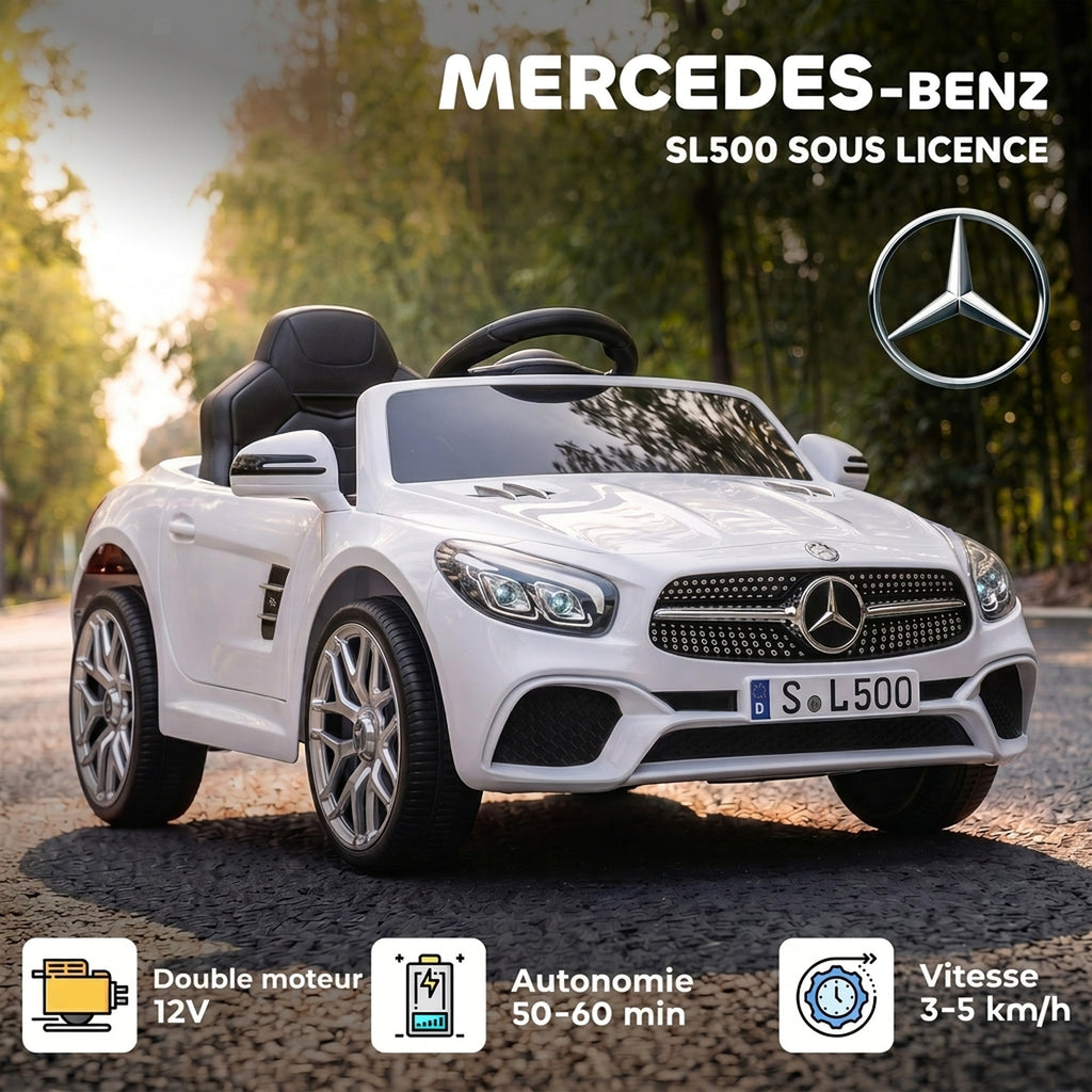 Voiture Électrique Enfants 12V Mercedes-Benz SL500, 3-5 km/h, 2 Moteurs, Télécommande 2,4G, pour 3-5 Ans, Blanc-3