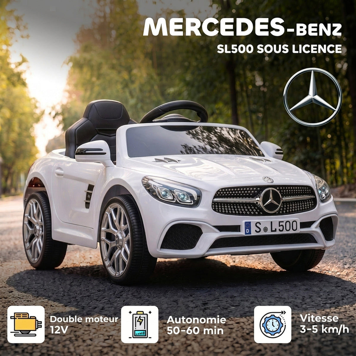 Voiture Électrique Enfants 12V Mercedes-Benz SL500, 3-5 km/h, 2 Moteurs, Télécommande 2,4G, pour 3-5 Ans, Blanc-3