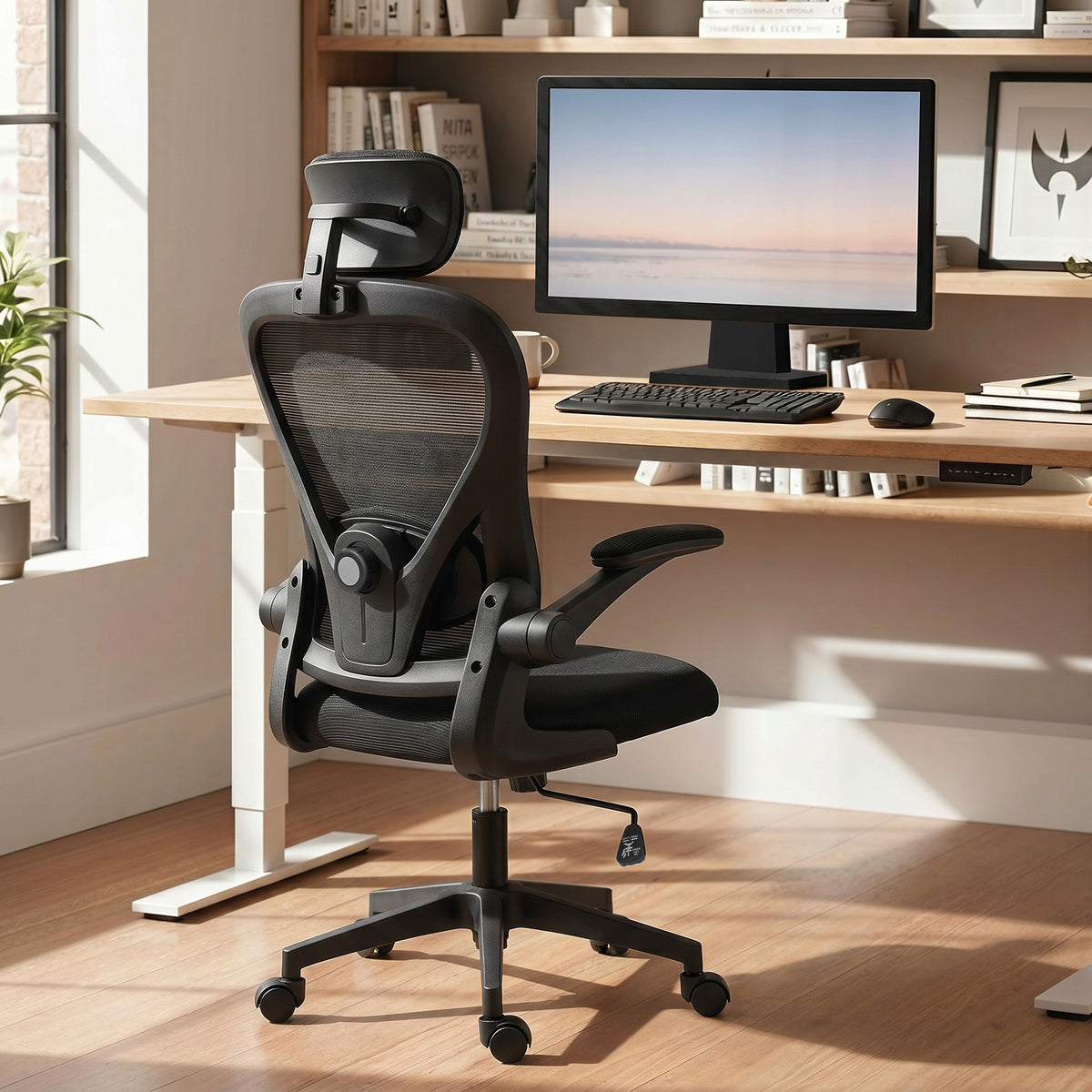 Chaise de Bureau Ergonomique, Fauteuil de Bureau en Maille avec Appui-Tête et Soutien Lombaire Réglables, Noir-1