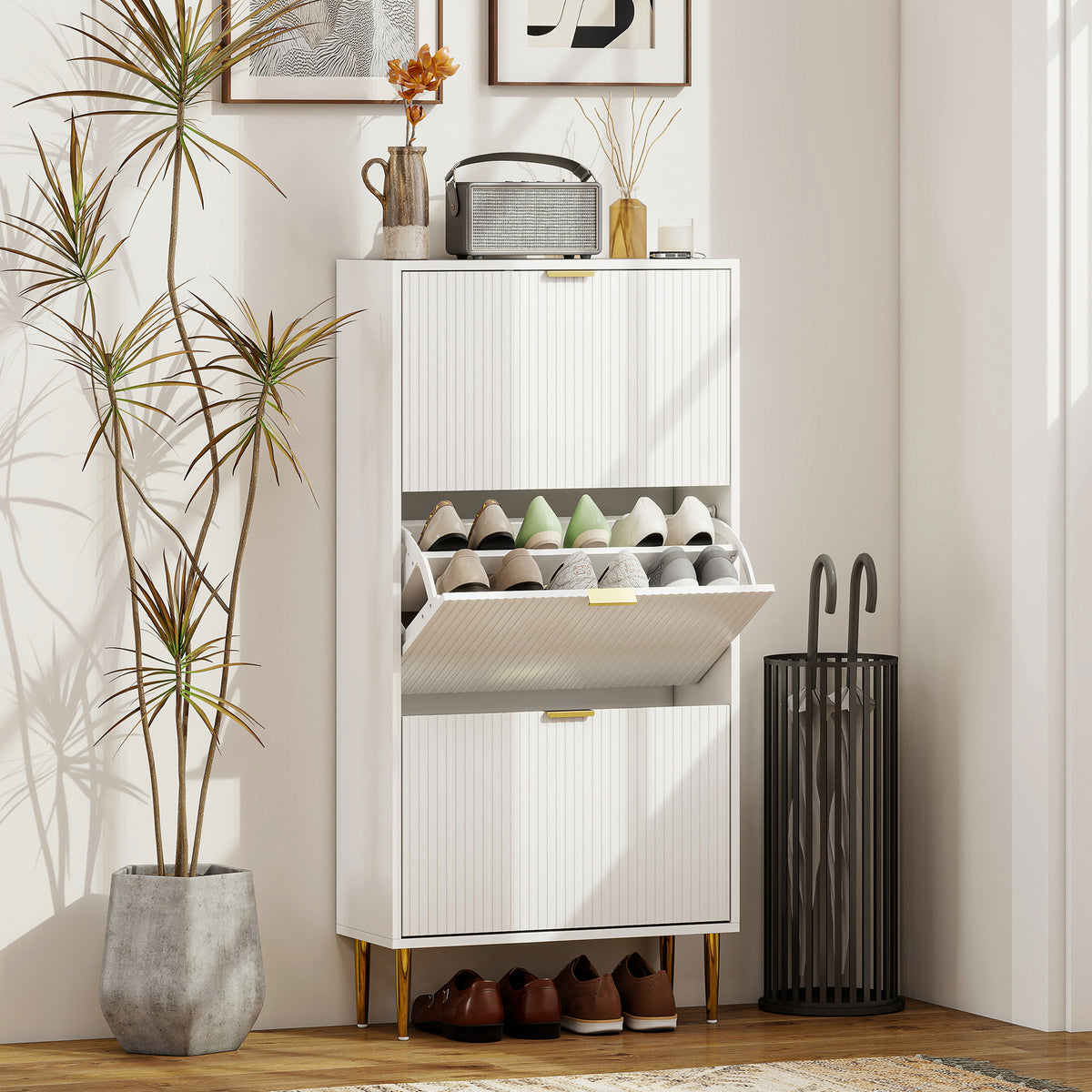 Meuble à chaussures 18 paires avec 3 tiroirs rabattables, portes cannelées et étagères réglables, 60x24x122,5cm, blanc-1