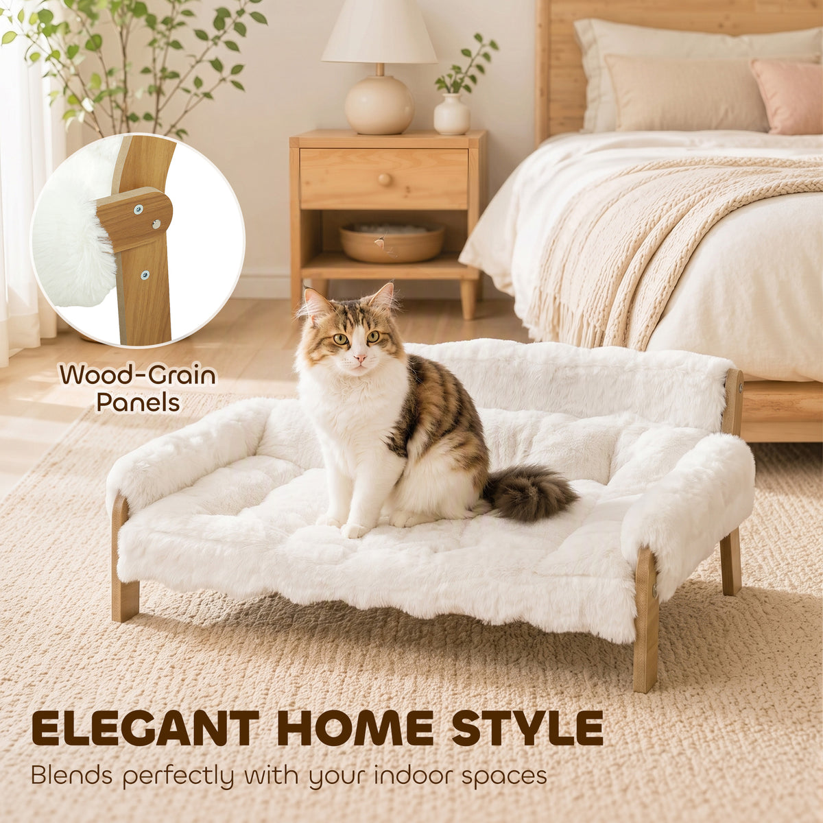 Canapé pour Chien Chat Lit Surélevé en Bois, Coussin Amovible en Peluche, Pieds Antidérapants, 70 x 47 x 30 cm, Blanc-7
