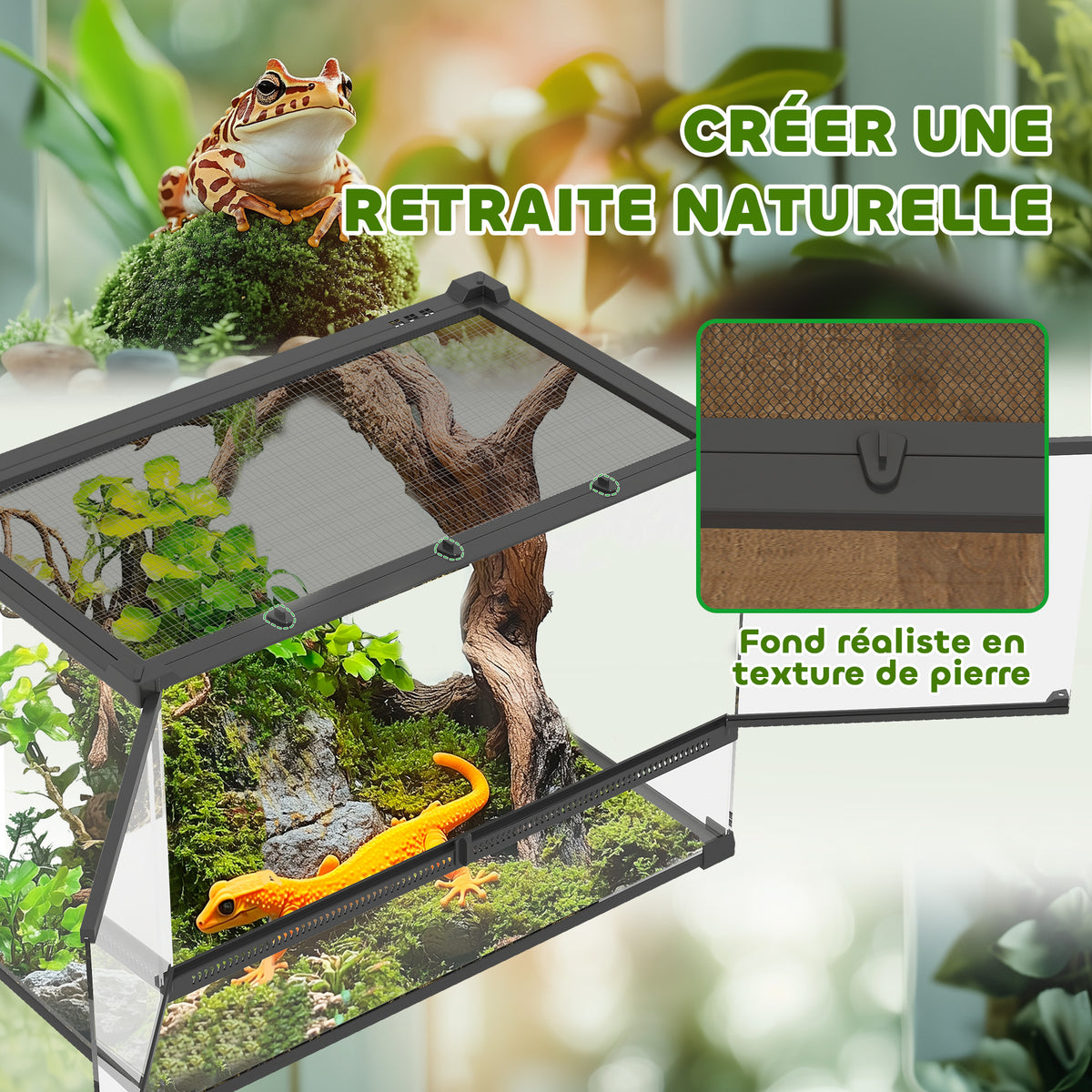 Boîte à reptiles, boîte d'élevage de reptiles, fermeture sécurisée par rotation, ventilation frontale, 50x30x35cm, noir-4