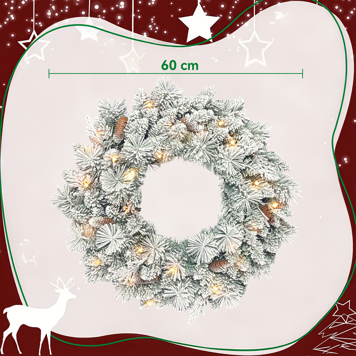 Couronne de Noël lumineuse 60 cm avec 35 LED blanc chaud, minuterie, 98 pointes, pommes de pin, vert et blanc-2