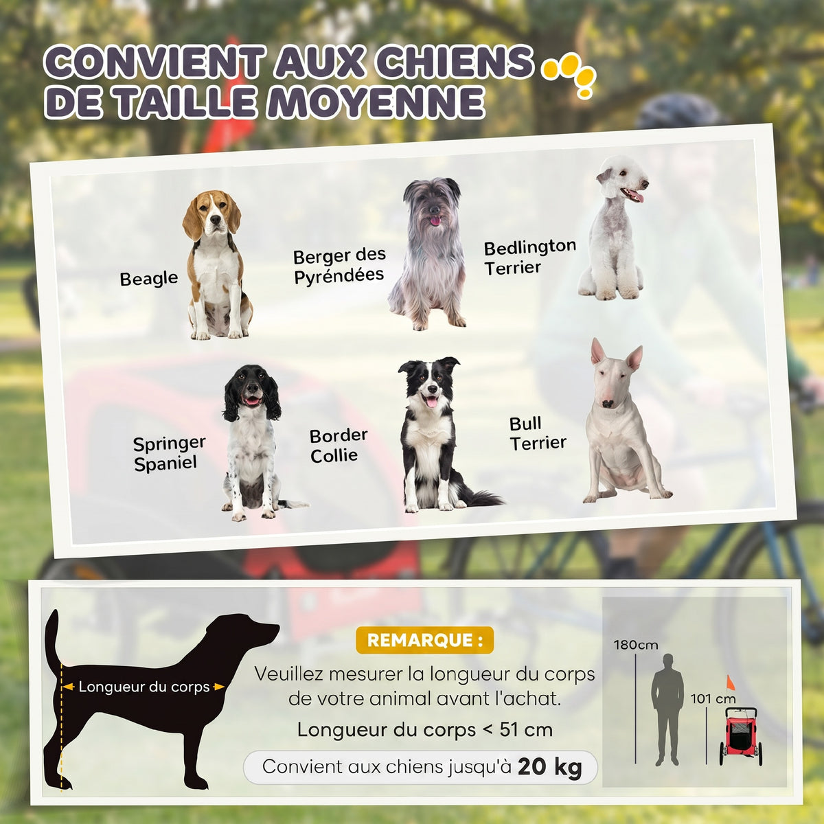 Remorque Vélo Chien 2-en-1 pour Chien Moyen avec Suspension, Pneus à Dégagement Rapide, Réflecteurs, 160x71x101cm, Rouge-4