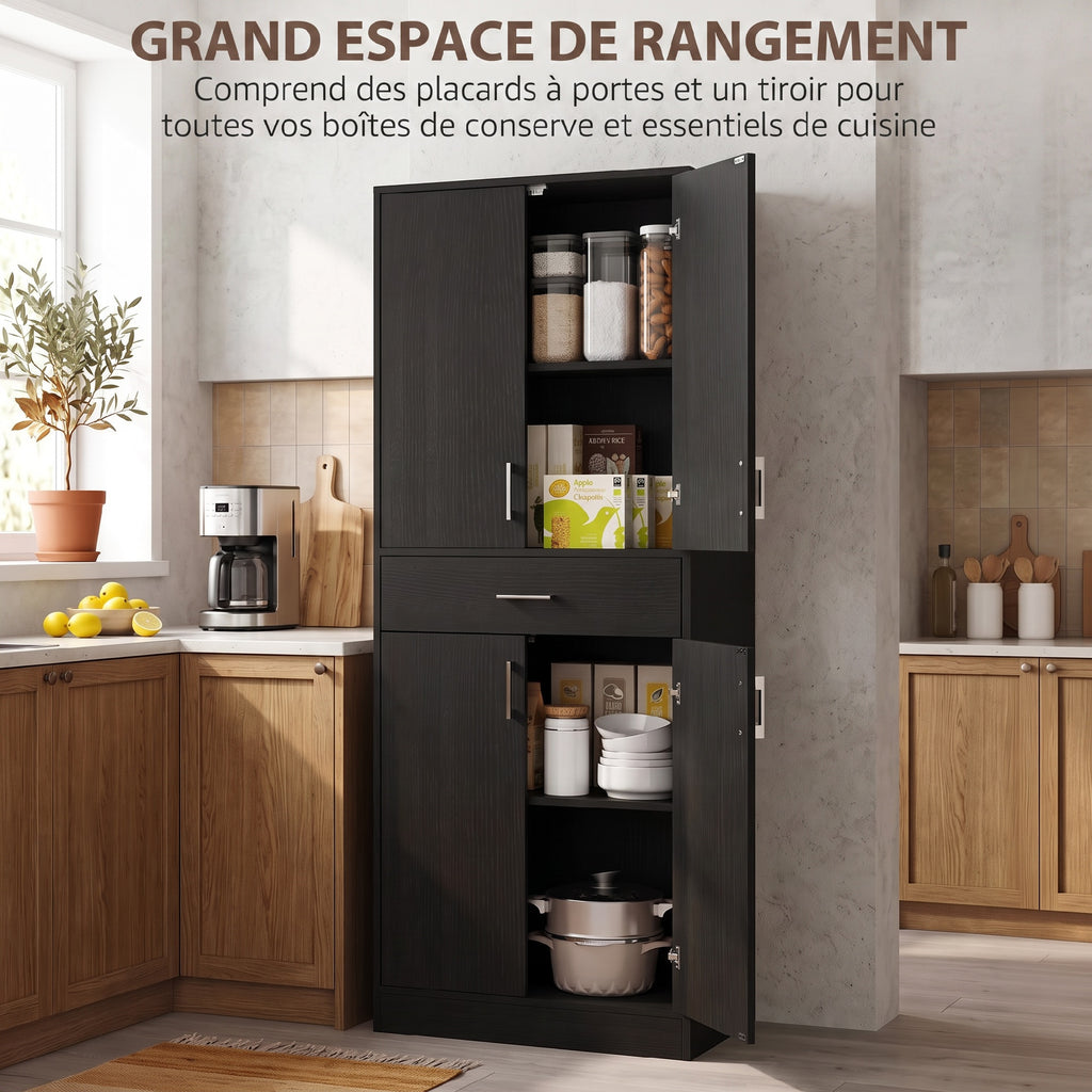 Buffet haut armoire de cuisine 4 portes 2 placards et 1 tiroir central hauteur 180 cm avec 2 étagères réglables noir-3
