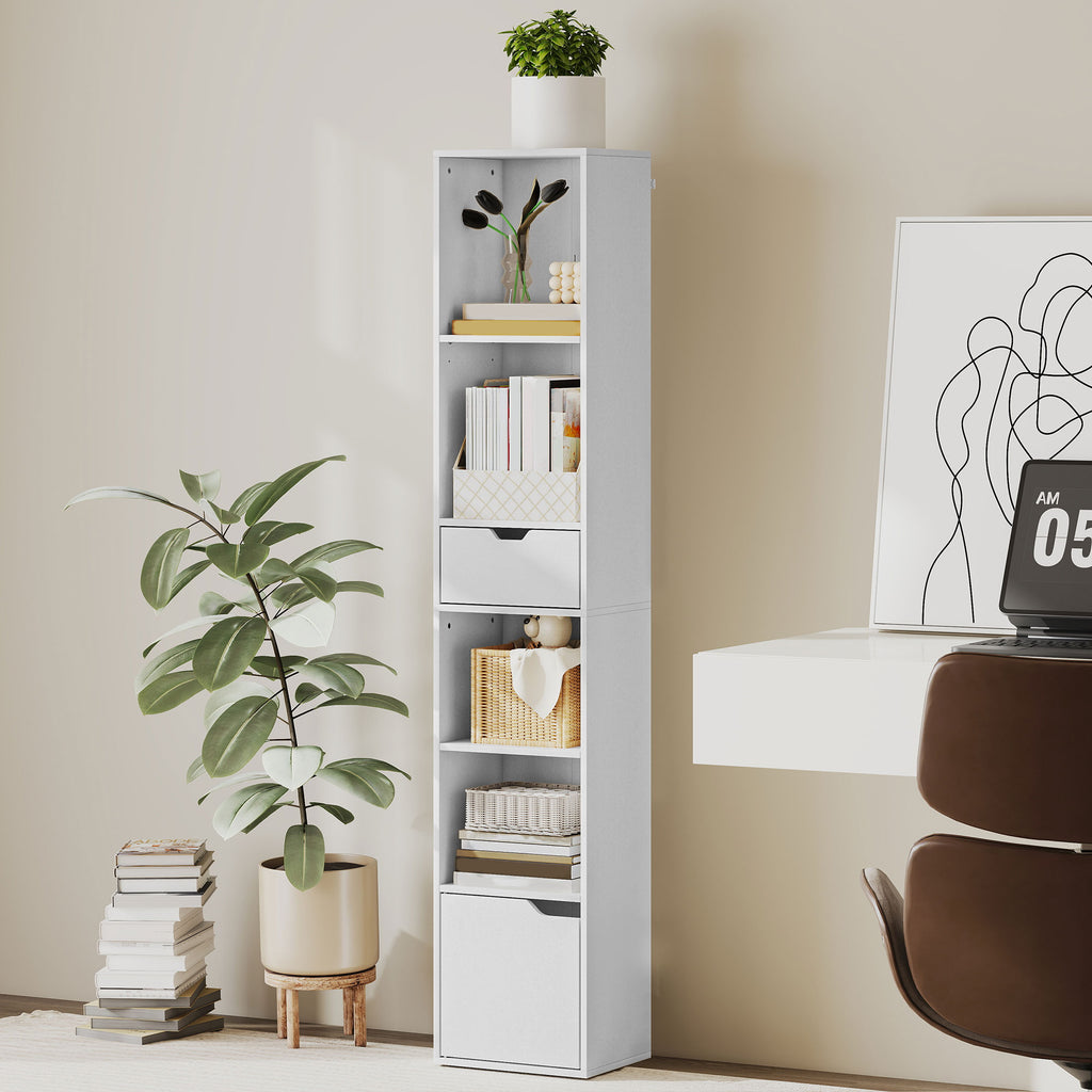 Bibliothèque, étagère à livres, meuble de rangement avec tiroir placard compartiments ouvertes, 30 x 24 x 158 cm, blanc-1