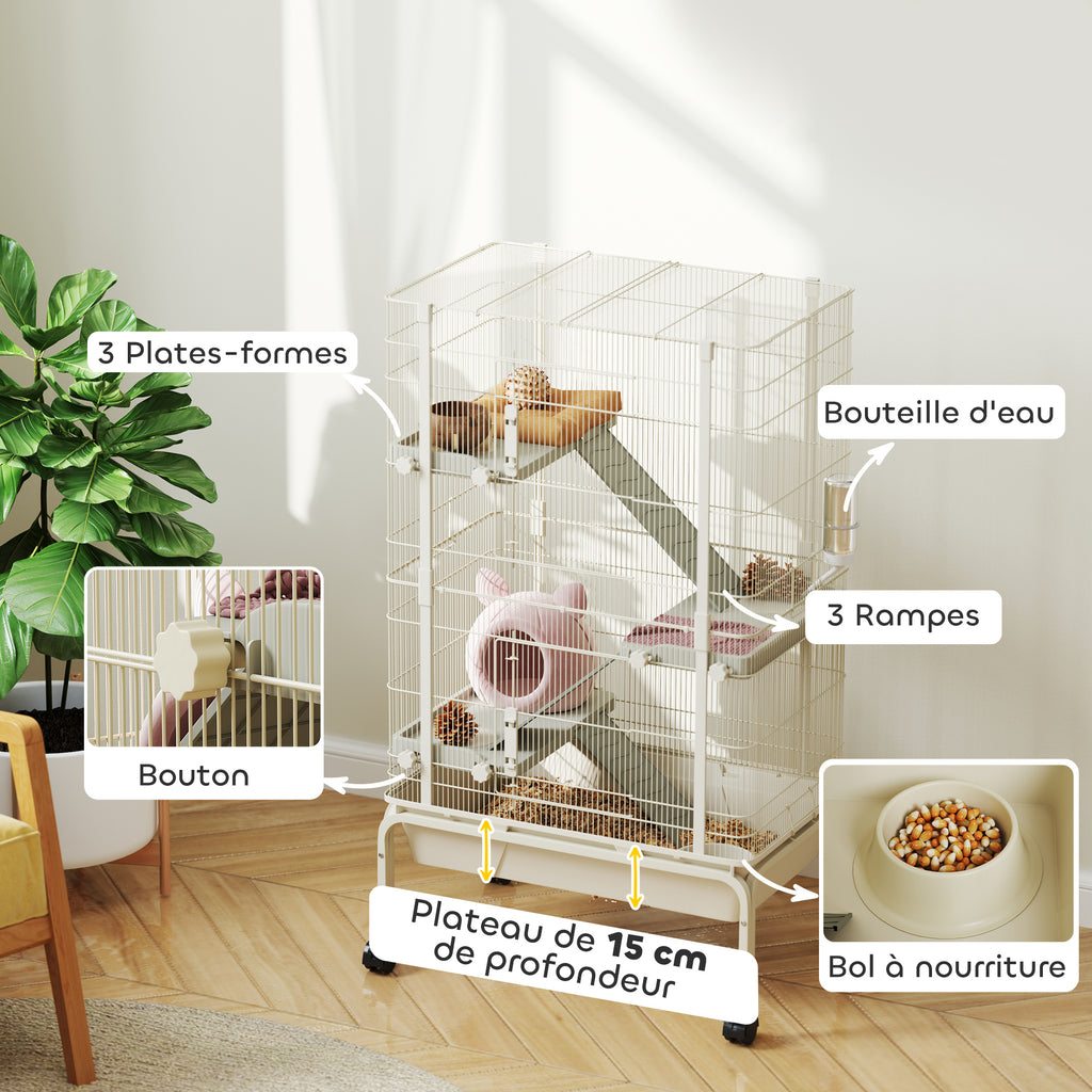 Cage pour lapin enclos à 4 niveaux avec 2 portes 3 rampes plateau profond roulettes 69 x 44 x 120 cm beige-4