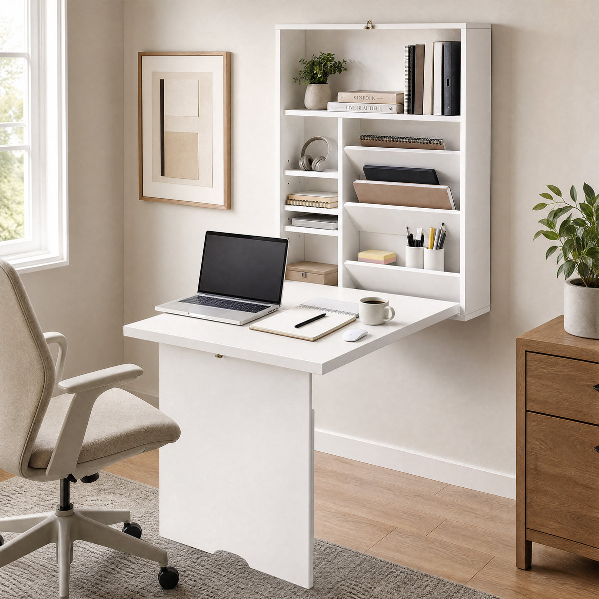 Bureau pliable mural, table murale pliante avec étagères pour salon, salle à manger, bureau, 93,8 x 60 x 147 cm, blanc-1