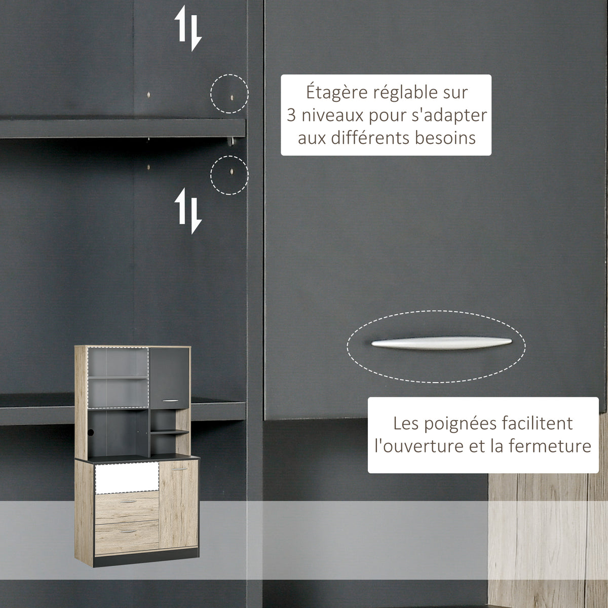 Buffet de cuisine armoire de cuisine multi-rangements 2 portes 3 tiroirs 3 étagères + grand plateau 90L x 39l x-4
