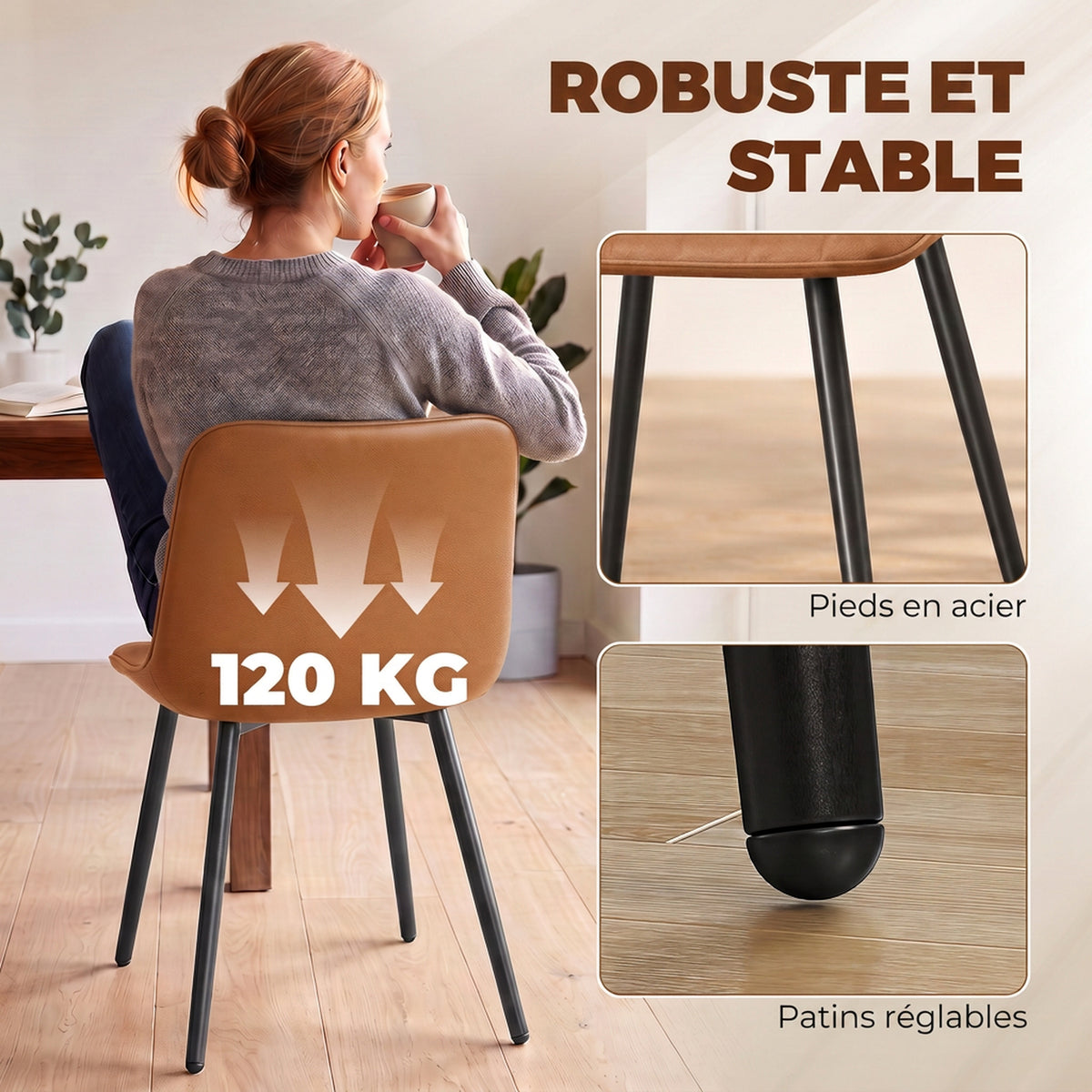 Lot de 2 Chaises de Salle à Manger Modernes, Dossier et Assise Incurvés, en Revêtement Synthétique, 51x61x78cm, Marron-6
