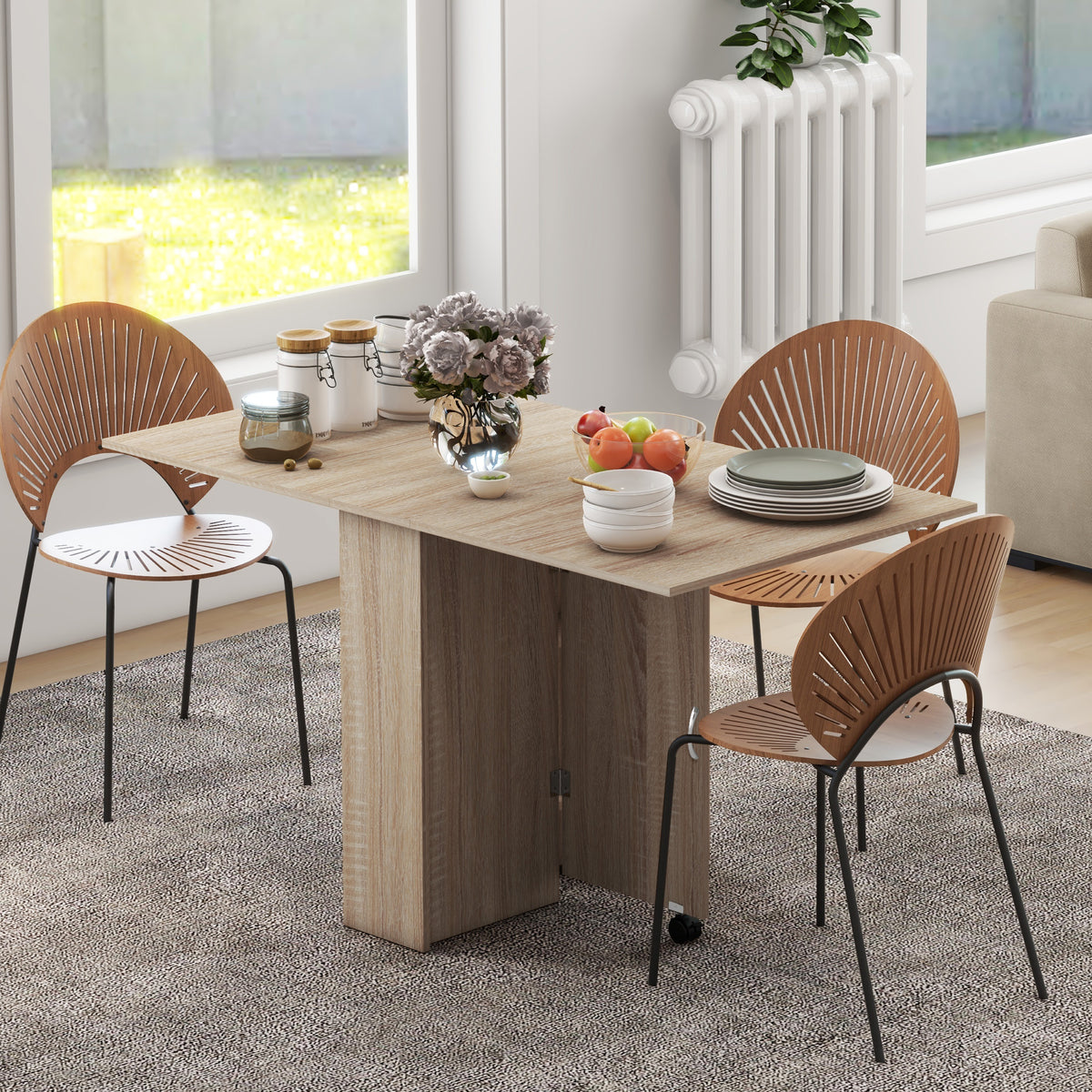 Table à manger pliante mobile sur roulettes 2 plateaux rabattables et 2 étagères intégrées 140 x 80 x 74 cm naturel-1