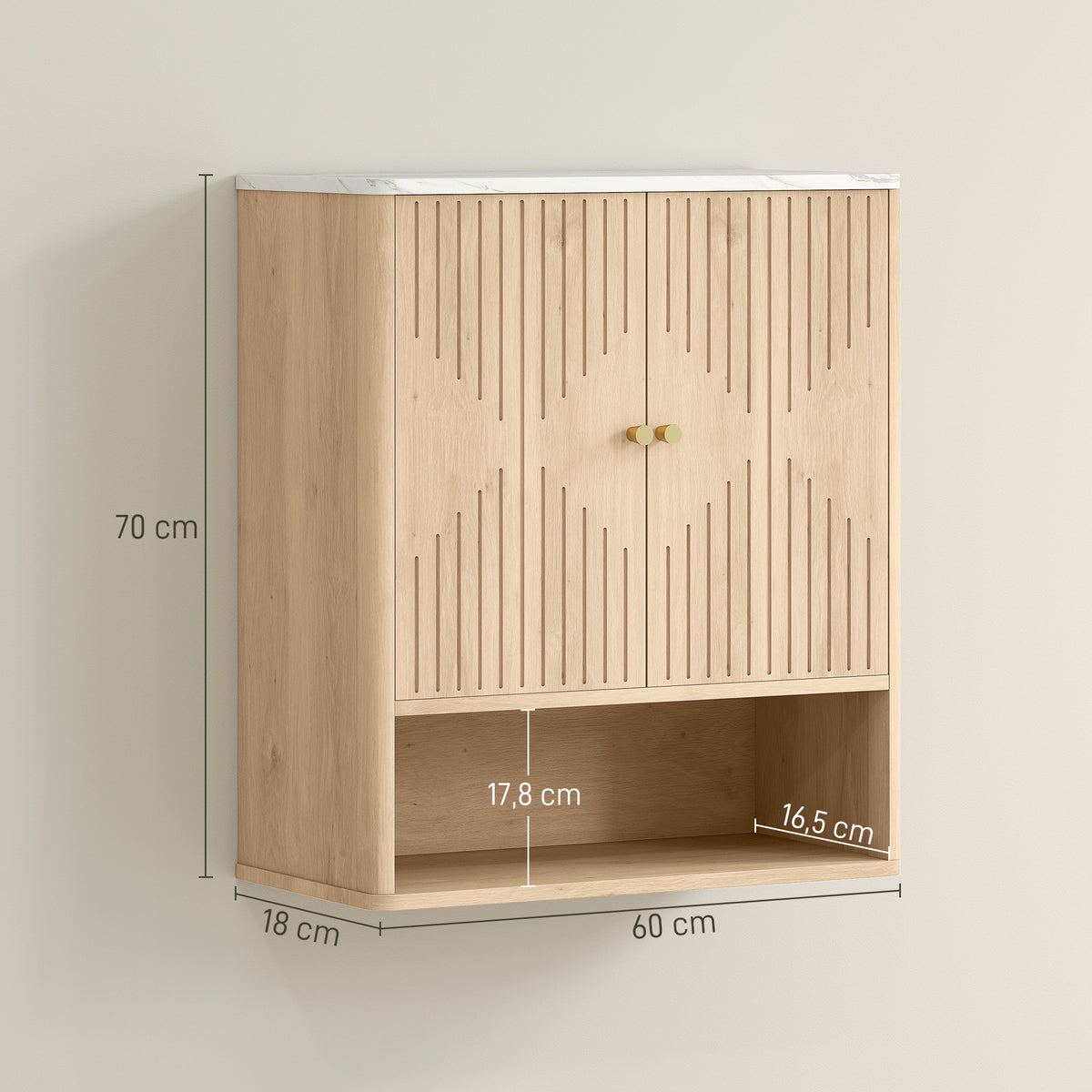Armoire murale de salle de bain, meuble de rangement avec compartiment ouvert et étagère réglable, 60 x 18 x 70 cm chêne-2