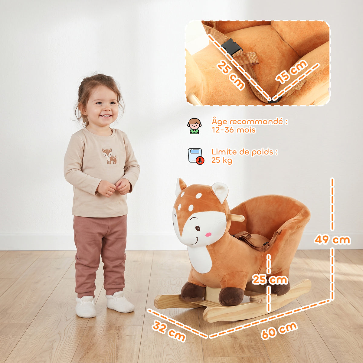 Cheval à bascule cerf en peluche avec sons d'animaux, ceinture de sécurité et butées anti-basculement, marron-2