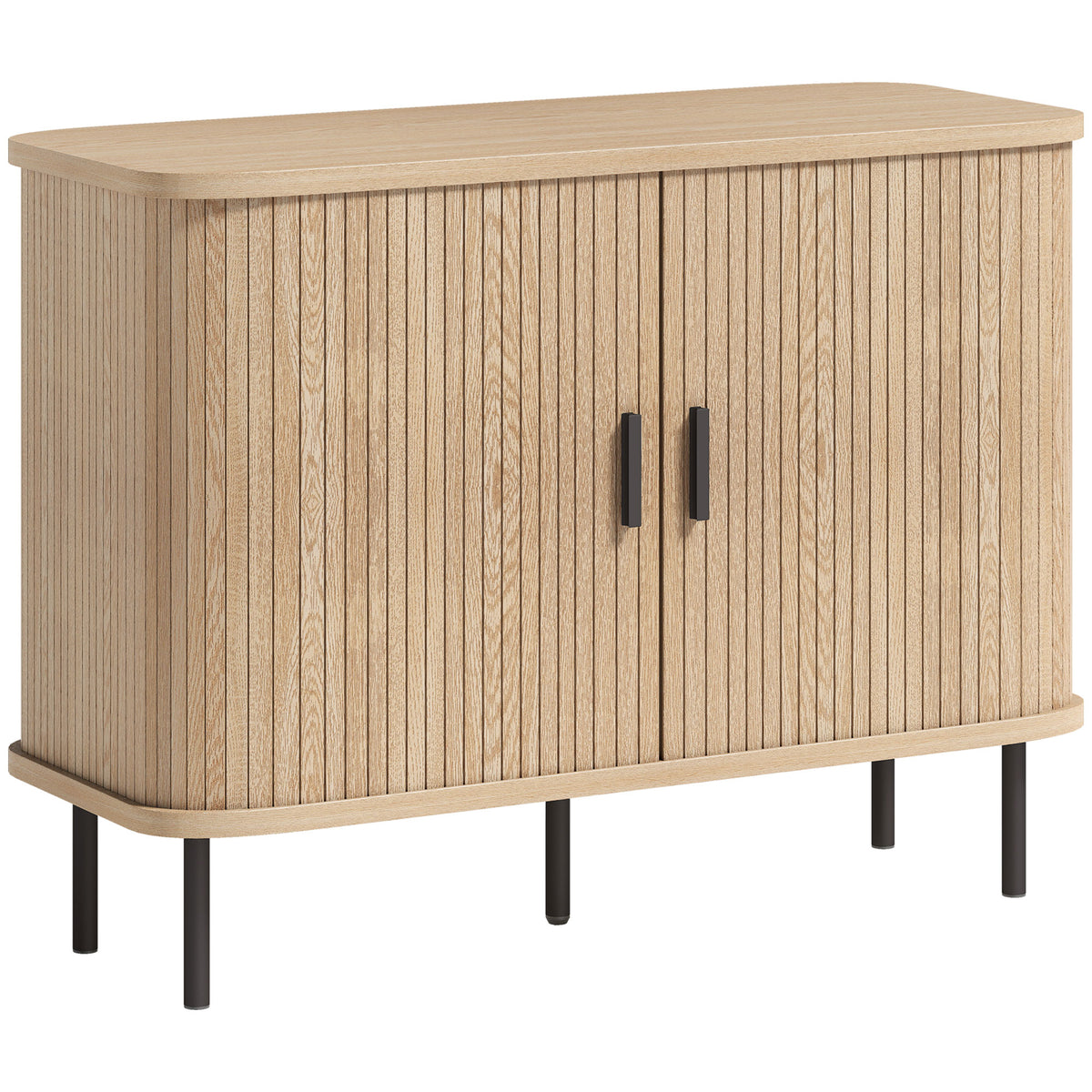 Buffet salon, meuble de rangement avec 2 portes coulissantes en tambour à lattes et 4 compartiments, chêne-0