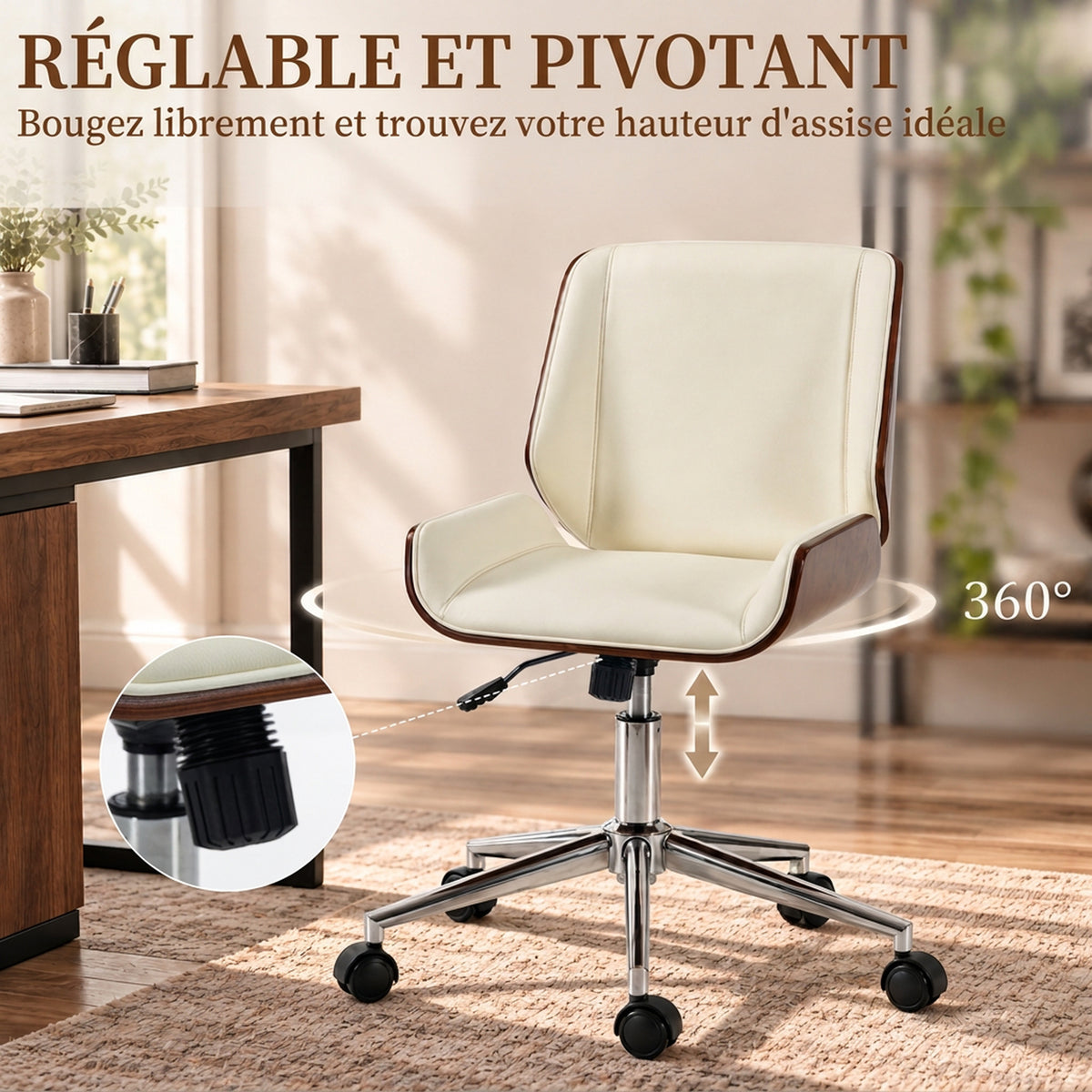 Chaise de Bureau Design Vintage, Hauteur Réglable, Pivotant 360°, Piètement Chromé, 53 x 60 x 86-96 cm, Crème-4