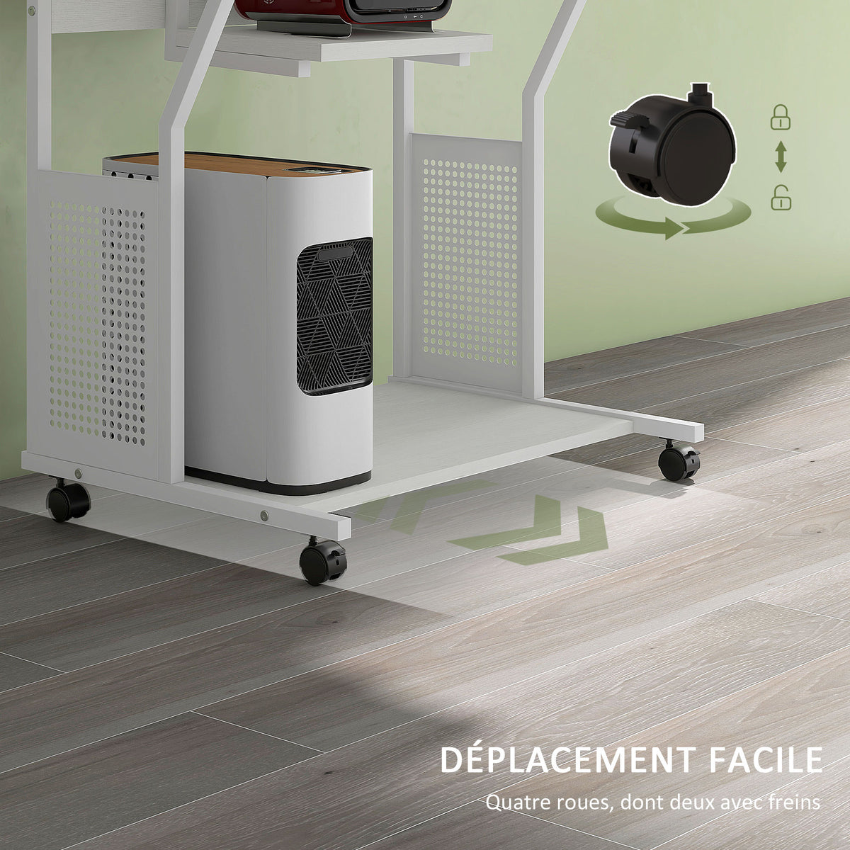 Bureau d'ordinateur roulant avec étagères de rangement, poste de travail et plateau pour clavier, 80x50x130cm, blanc-4