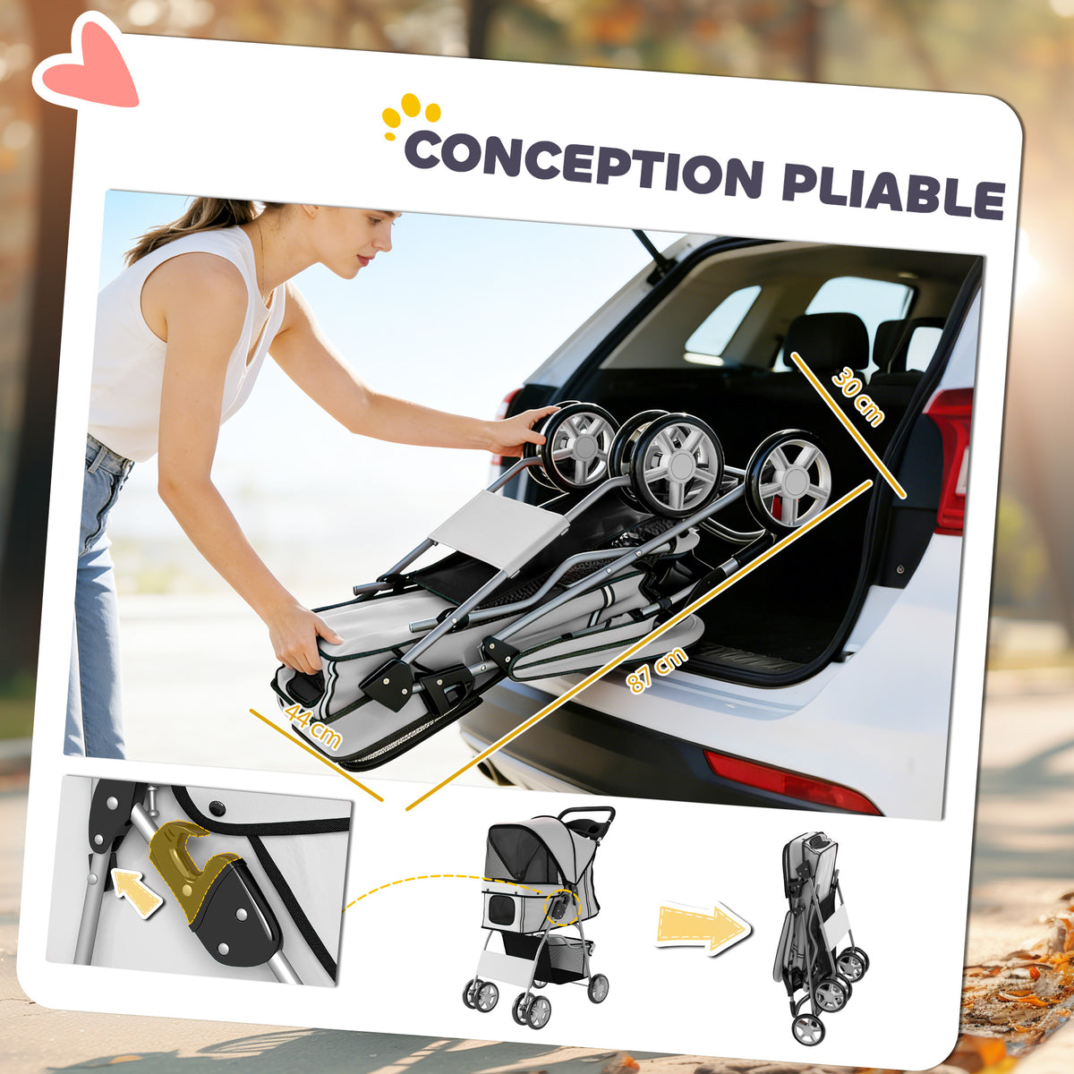 Poussette buggy pliable animaux chariot pliante chien chat porte-gobelet panier de rangement 75 x 45 x 97 cm gris-4