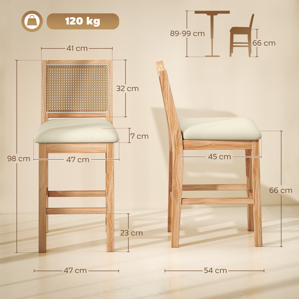 Lot de 2 Tabourets de Bar, Chaises de Bar avec Dossier Effet Rotin, Assise Rembourrée en Chenille de 66H cm, Crème-2