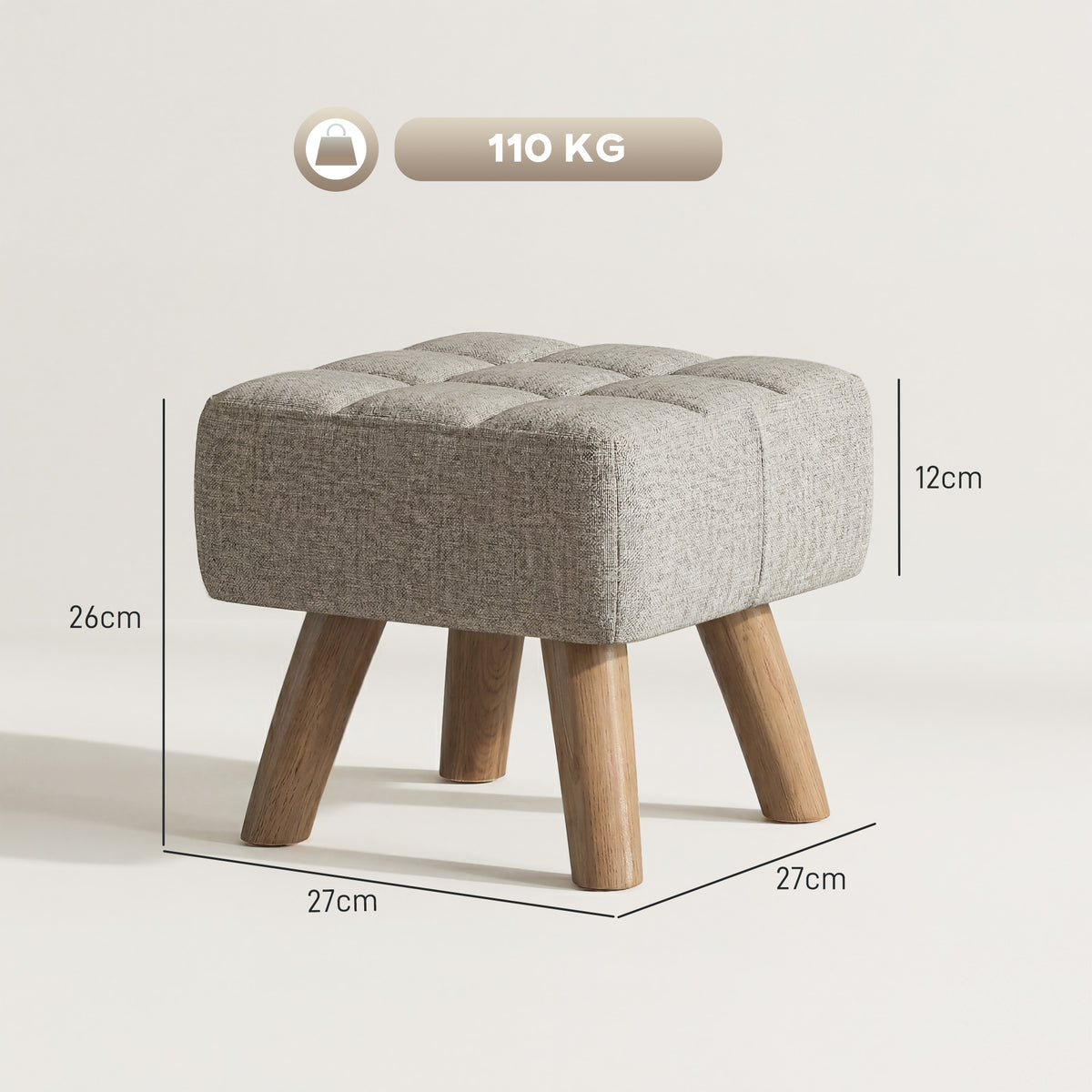 Repose pied salon ottoman siège rembourré en tissu avec pieds en bois 27 x 27 x 26 cm gris clair-2