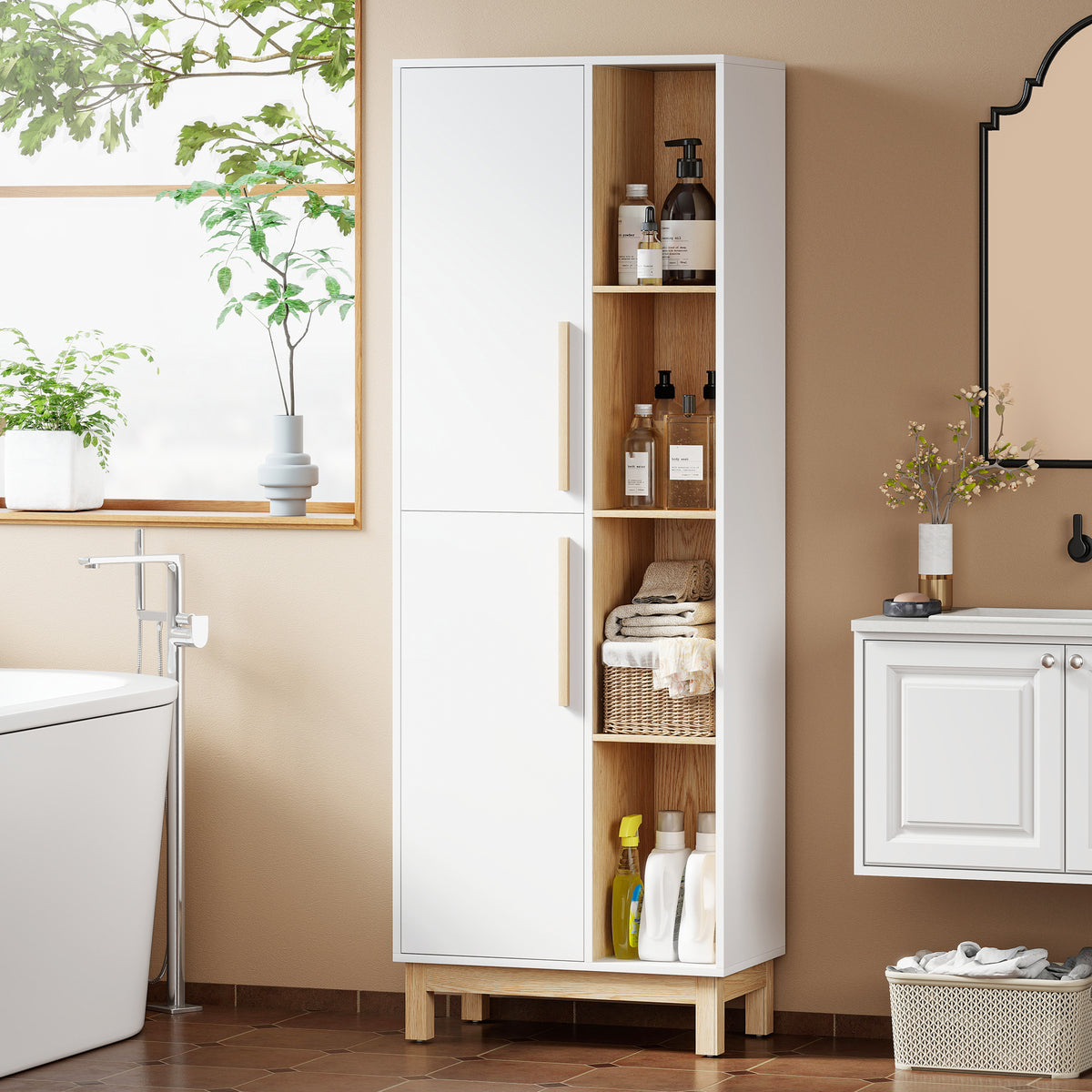 Meuble de Salle de Bain, Meuble de Rangement, 2 Portes, 4 Compartiments Ouverts et Étagères Réglables, Blanc et Naturel-1