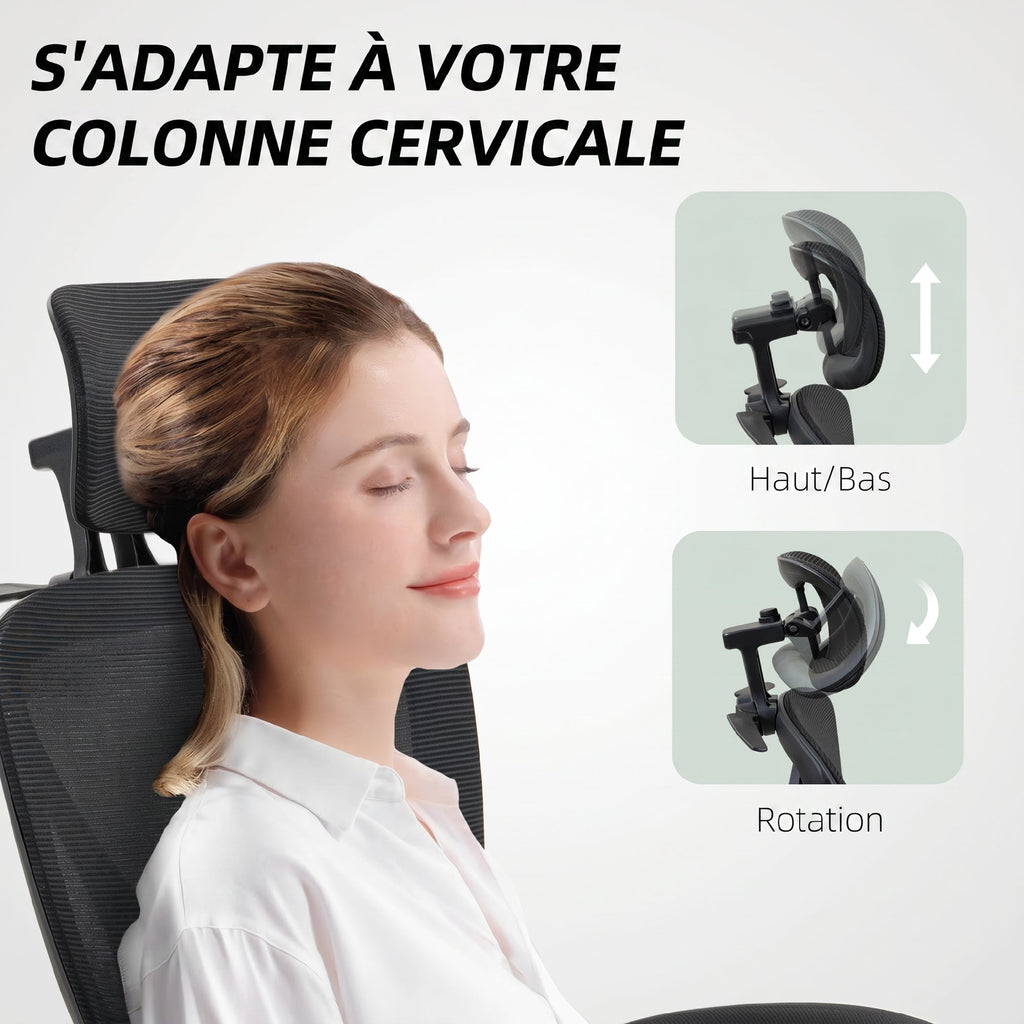 Chaise Bureau Ergonomique avec Appui-Tête Réglable, Fauteuil de Bureau Inclinable en Maille, Dossier Séparé, Noir-5