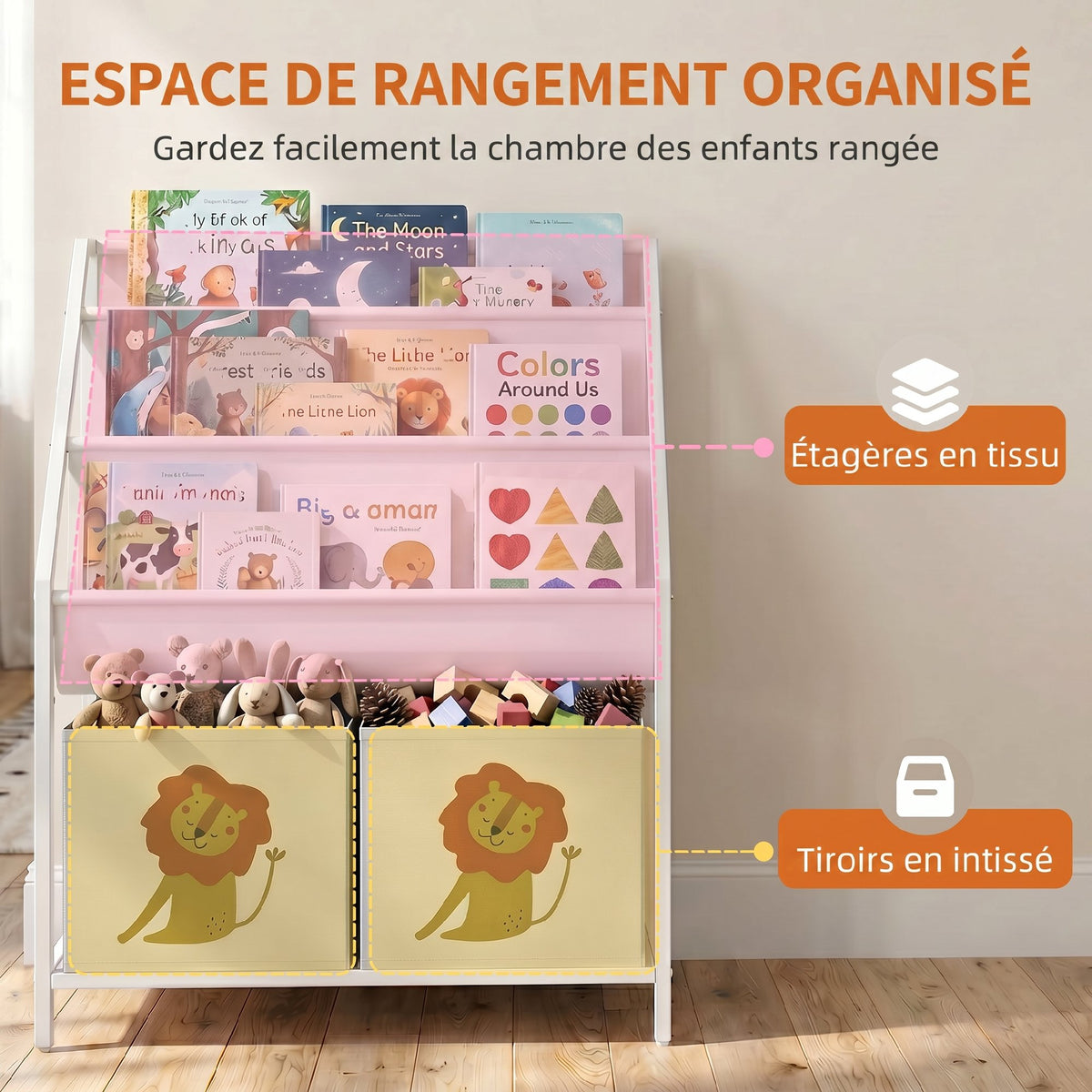 Bibliothèque pour Enfants à 4 Niveaux, Étagère à Livres pour Enfants avec Porte-Livres et Tiroir en Tissu, Blanc-3